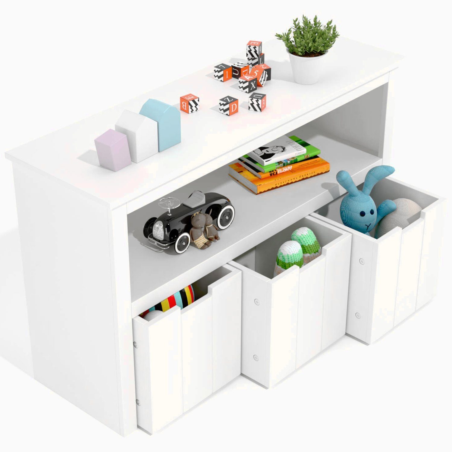 Homfa Bücherregal, 3 Schubladen Kinderkommode mit Rollen 102 x 33 x 61,5