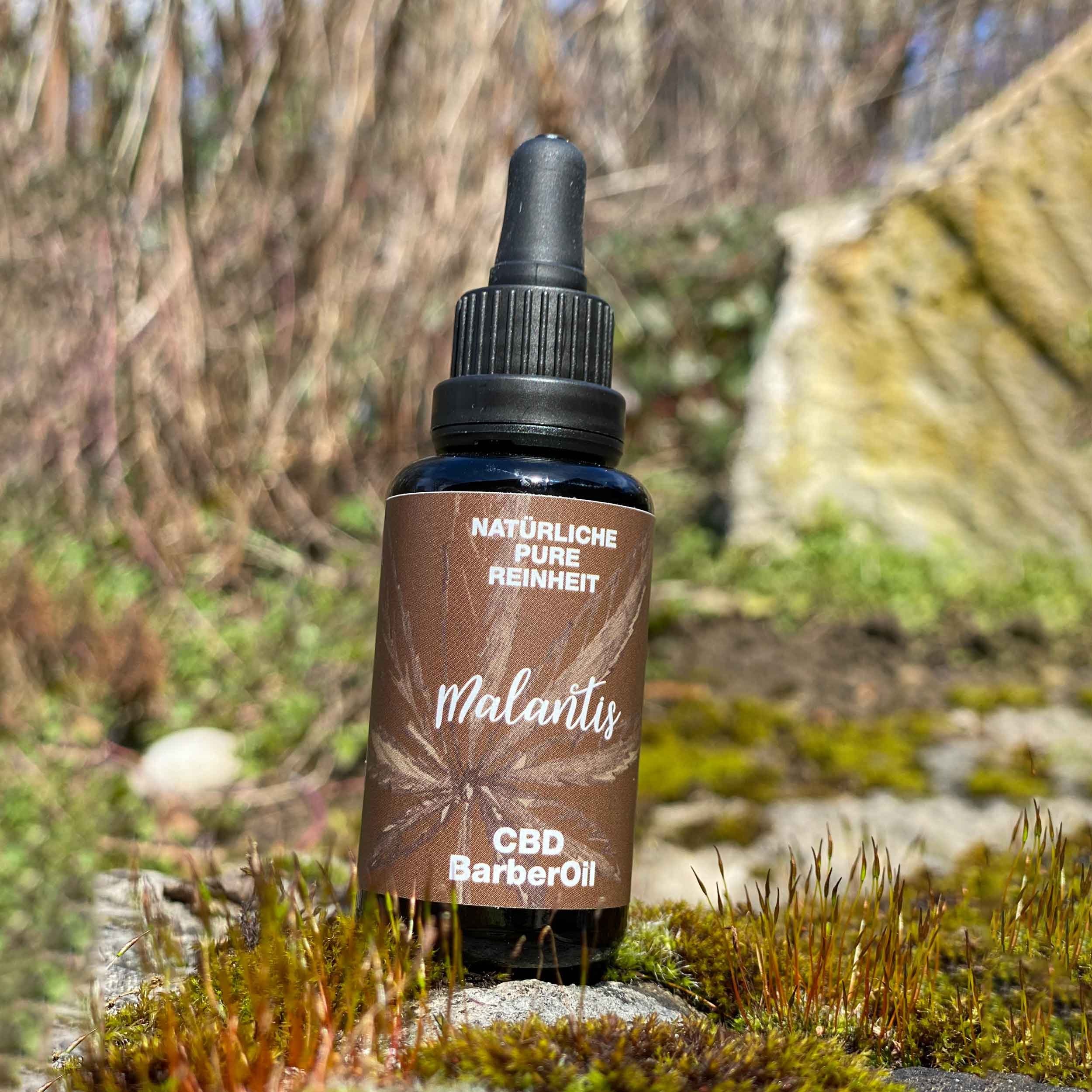 Malantis Bartwachs CBD BarberOil - Bartpflegeöl mit Pinienöl, Zedernöl und Hanfsamenöl, Bartöl mit Pinienöl für einen geschmeidigen Bart, Bartserum - 100% Naturkosmetik, Handmade in Germany