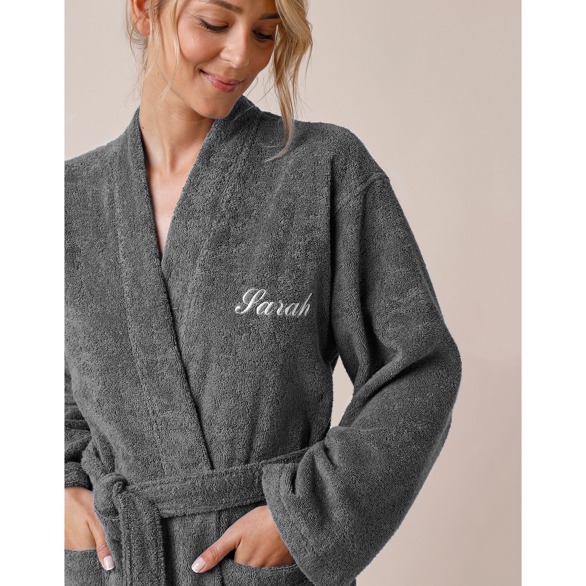 Peignoir mixte adulte uni coton éponge bouclette col kimono personnalisé