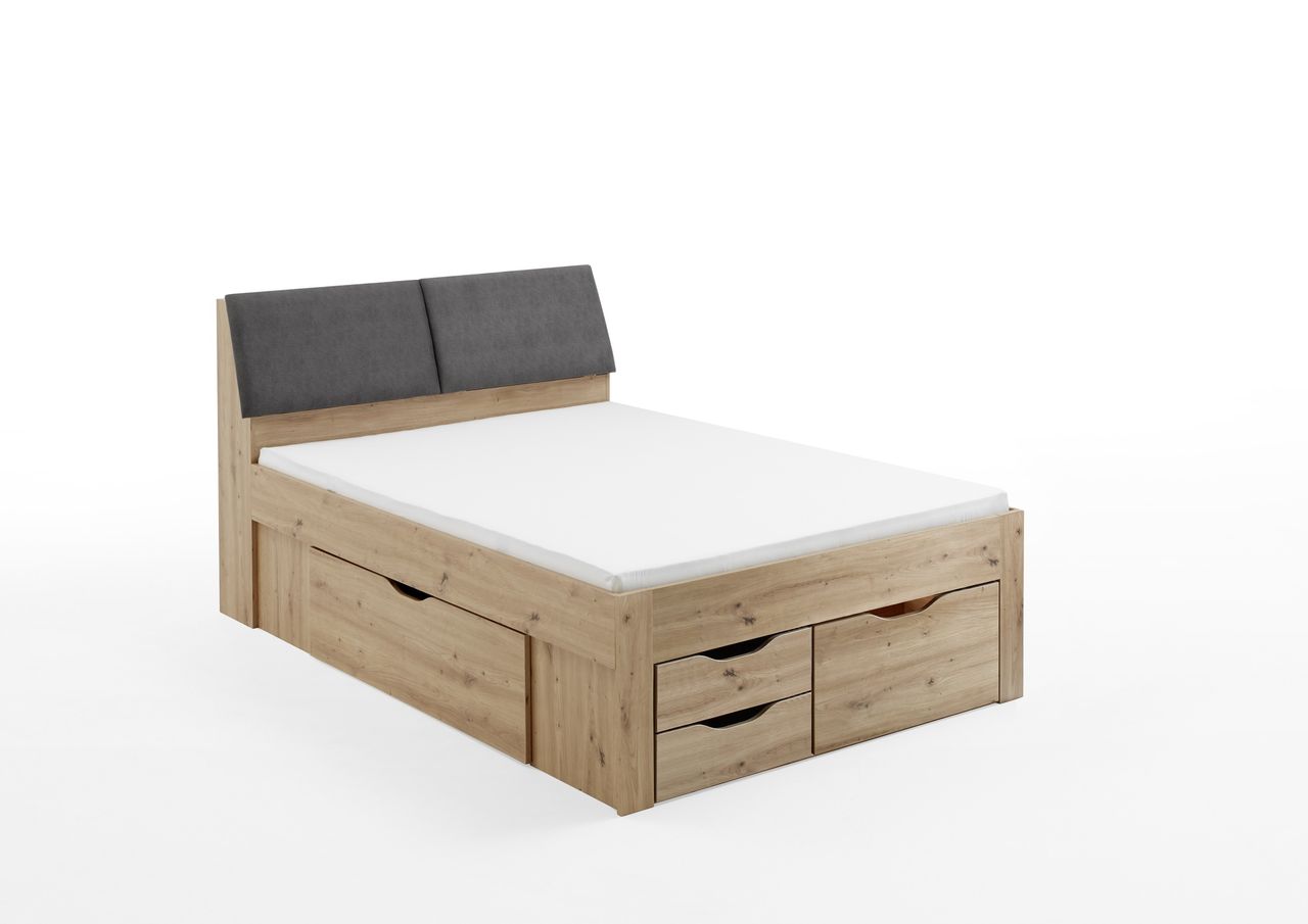 Relita Funktionsbett Maxi 140 x 200 cm, ohne Lattenrost mit 5 Bettschubladen und Stauraum-Polster-Kopfteil Eiche Artisan Dekor