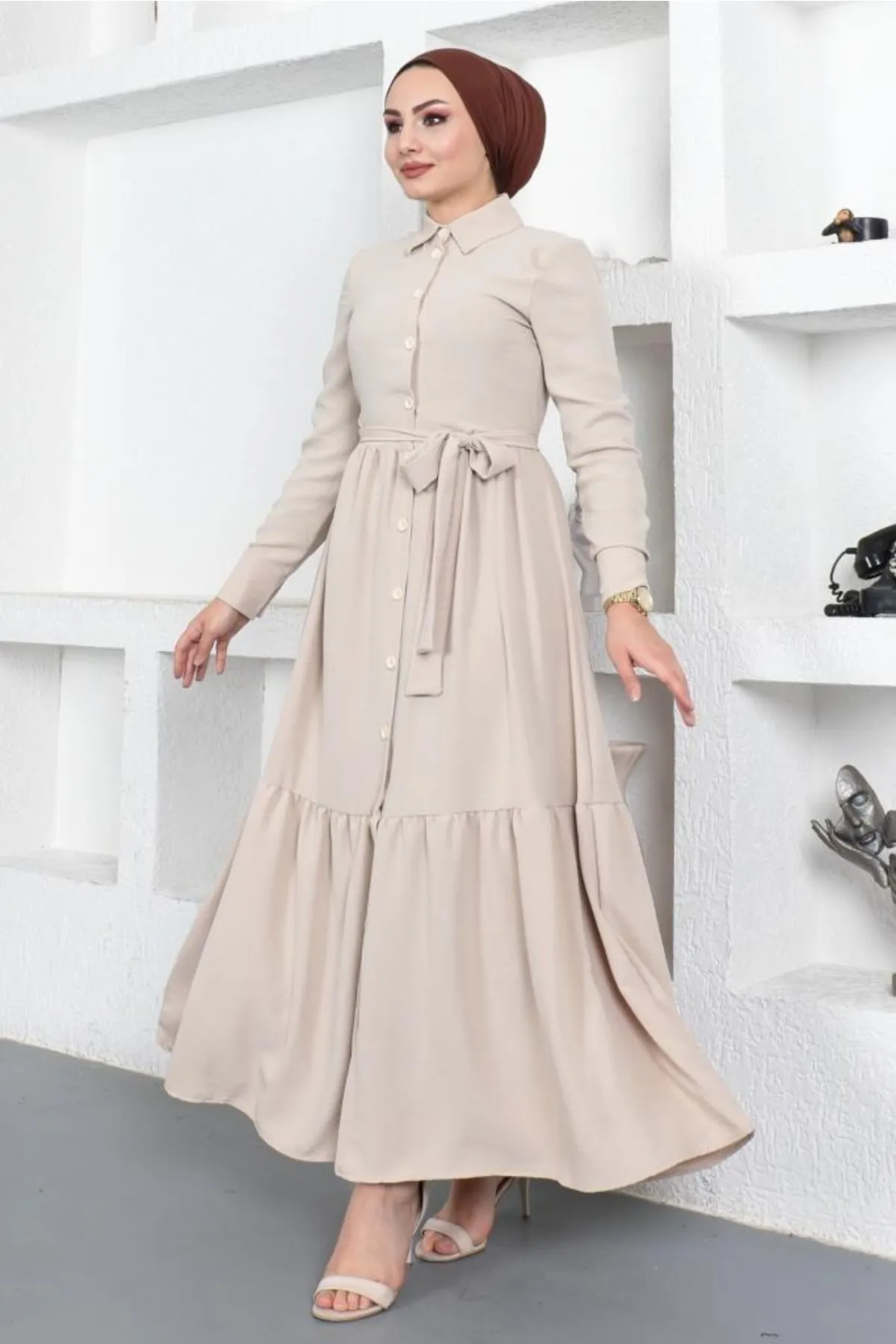 benguen  443 Aerobin Hijab-Kleid mit Hemdkragen, Steinfarbe
