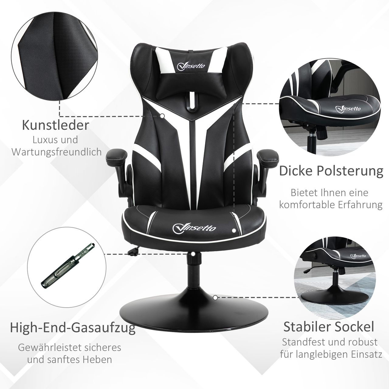 Vinsetto Gaming Stuhl ergonomischer Computerstuhl Stahl Schwarz Weiß 67 x 75 x 106-112 cm