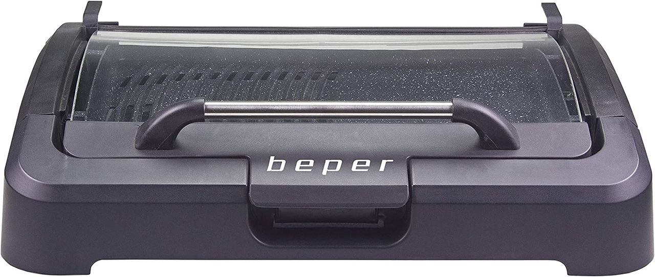 beper 90.871 Elektrogrill mit Glasdeckel, beschichtete Grillplatte, Edelstahl, 2200 W