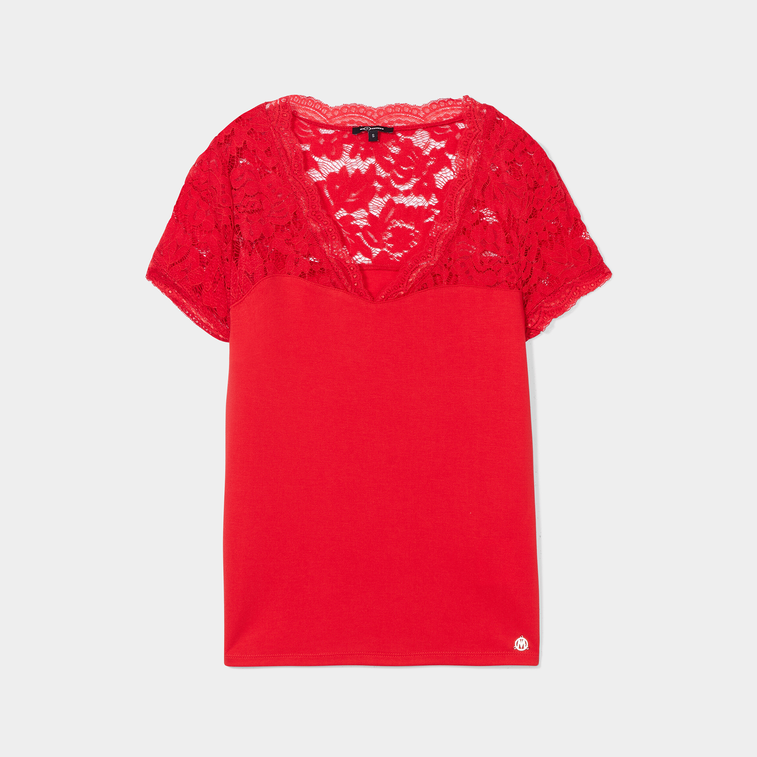 T-shirt col en V avec dentelle Mosquitos rouge fluo femme | La Halle