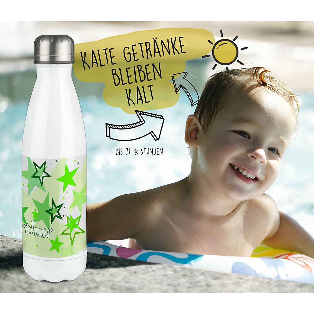 Edelstahl Kinder Thermoflasche / Trinkflasche bunt Sternenhimmel Farbe grün Spülmaschinenfest, Auslaufsicher, Bruchfest, Doppelwandig, Für Heißgetränke geeignet, Mit Deckel, Isoliert