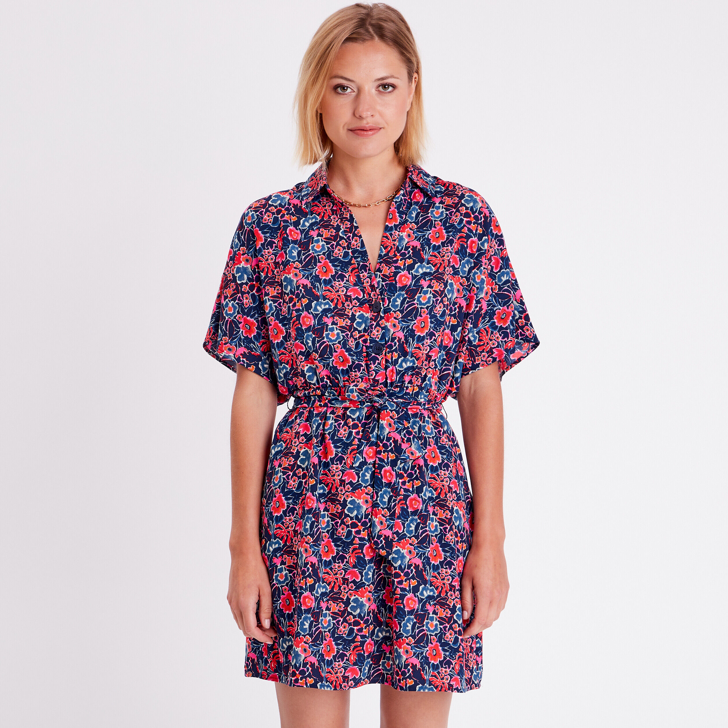 Robe évasée manches papillons bleu marine femme | Cache Cache