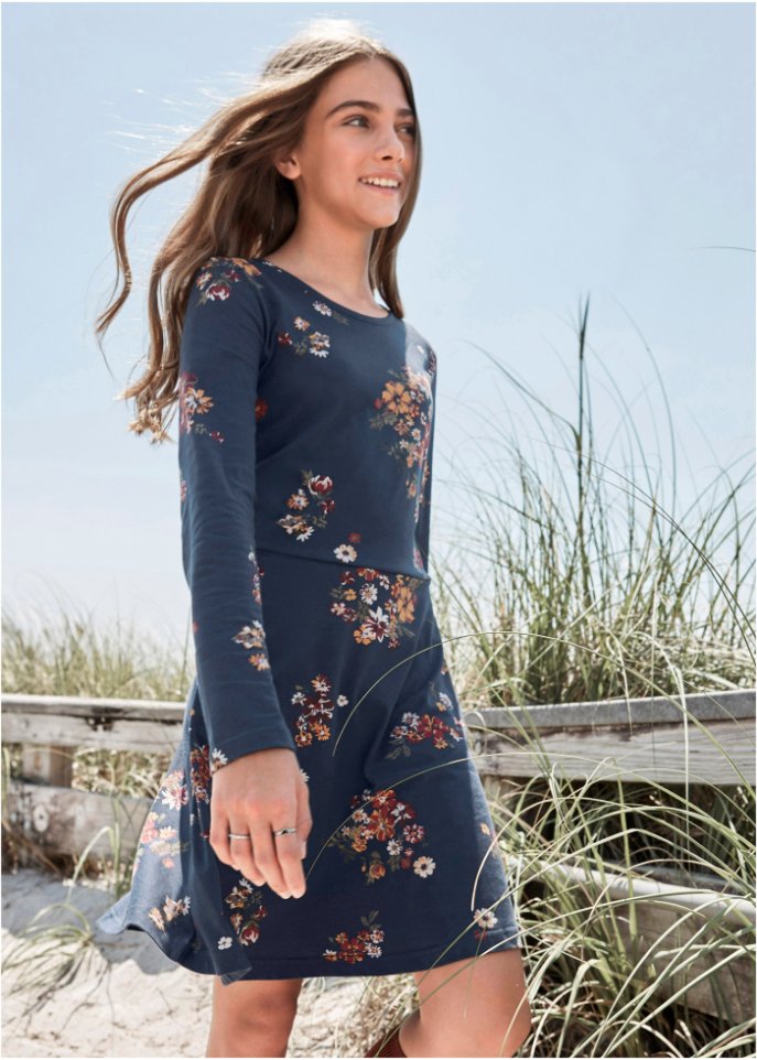 Mädchen Langarm-Jerseykleid mit Blumenmuster
