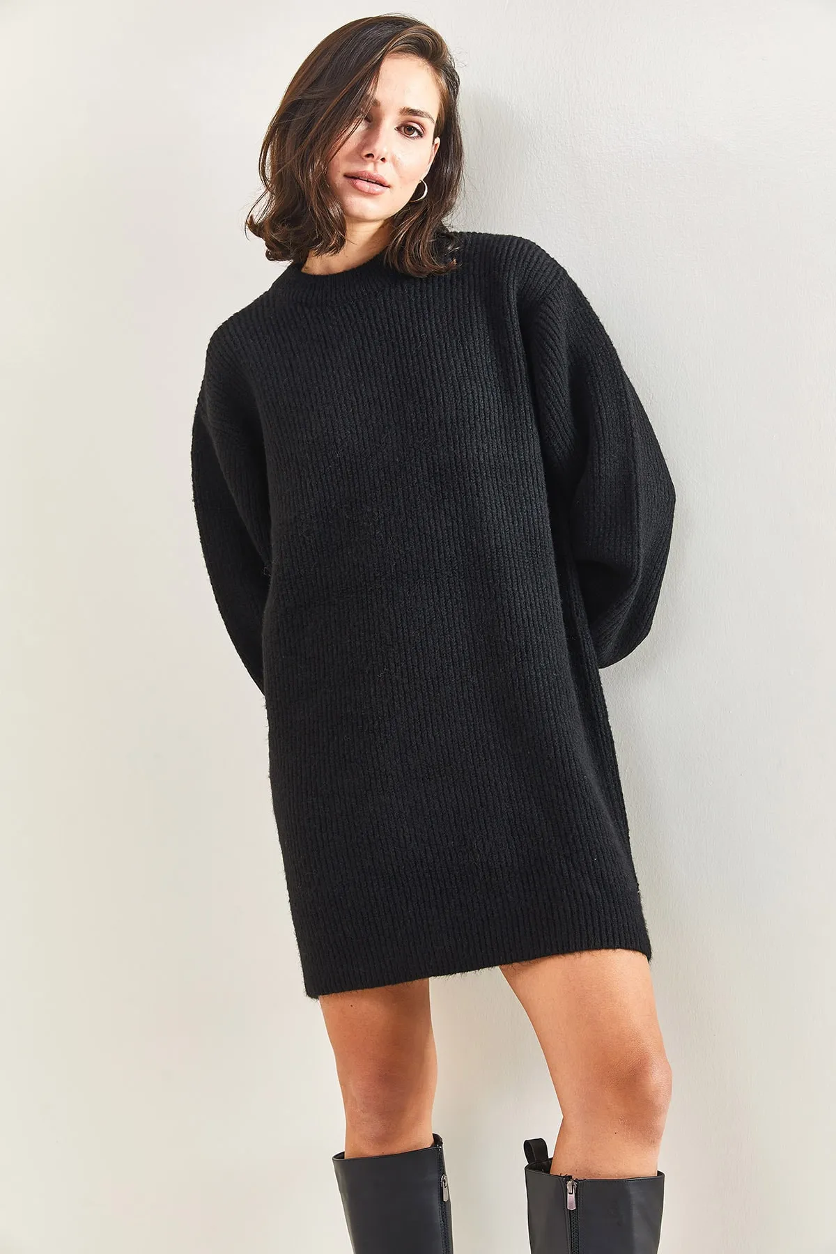 Bianco Lucci  Damen Ärmel Gemustertes Rippenstrick Tunika Pullover Kleid