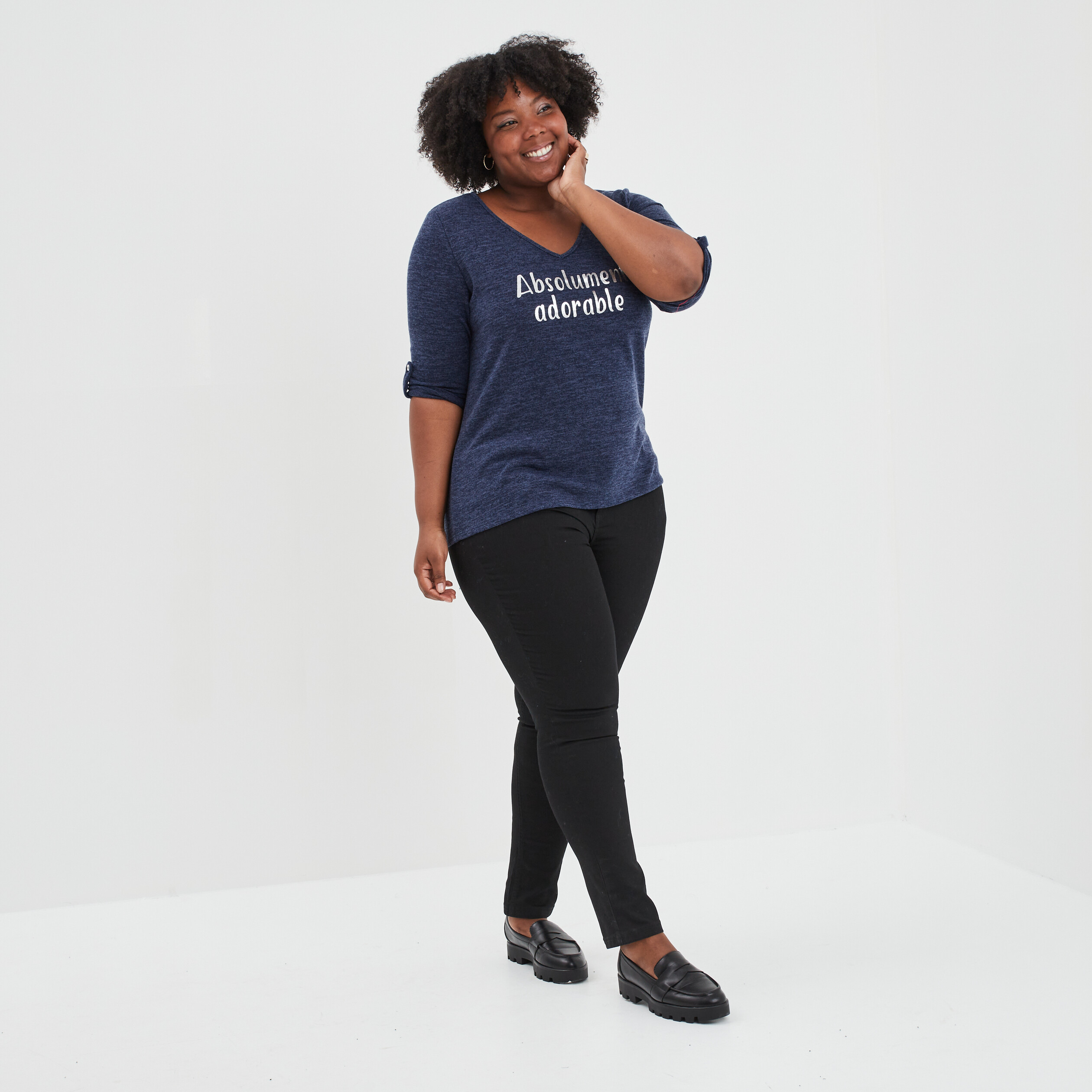 Pull col en V manches 3 4 bleu marine femme grande taille | La Halle