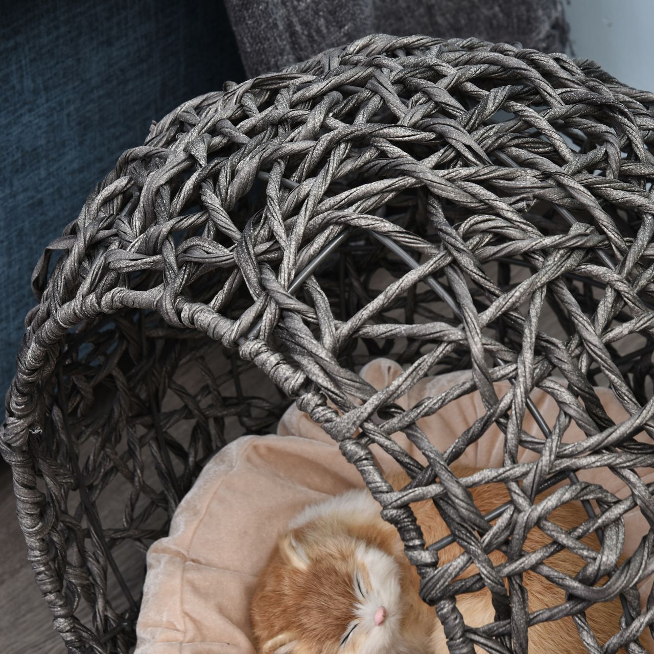 PawHut Katzenhaus aus Rattan mit Kissen Katzenschlafplatz Katzenhöhle Silbergrau