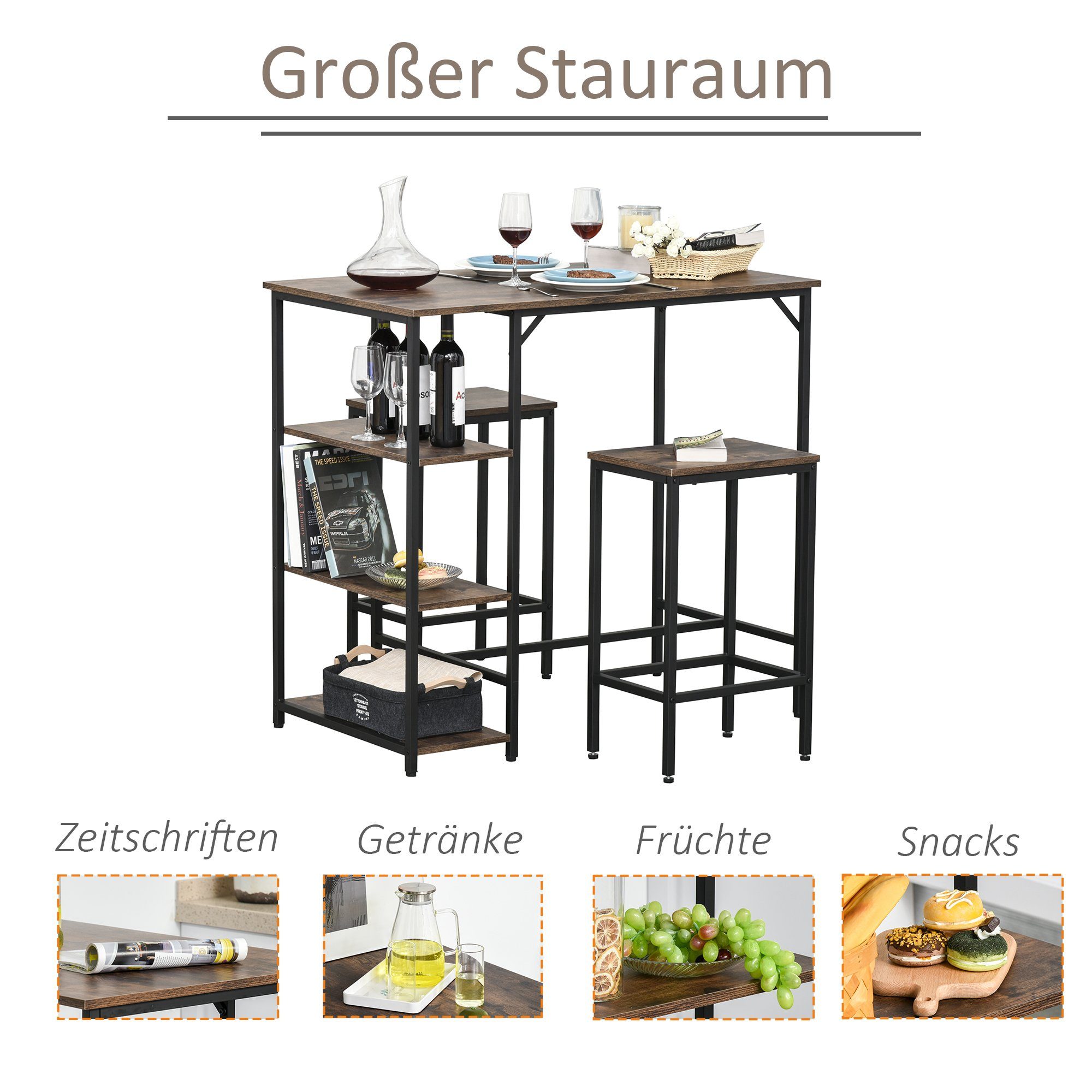 HOMCOM Bargruppe Bartisch-Set mit 2 Barhockern