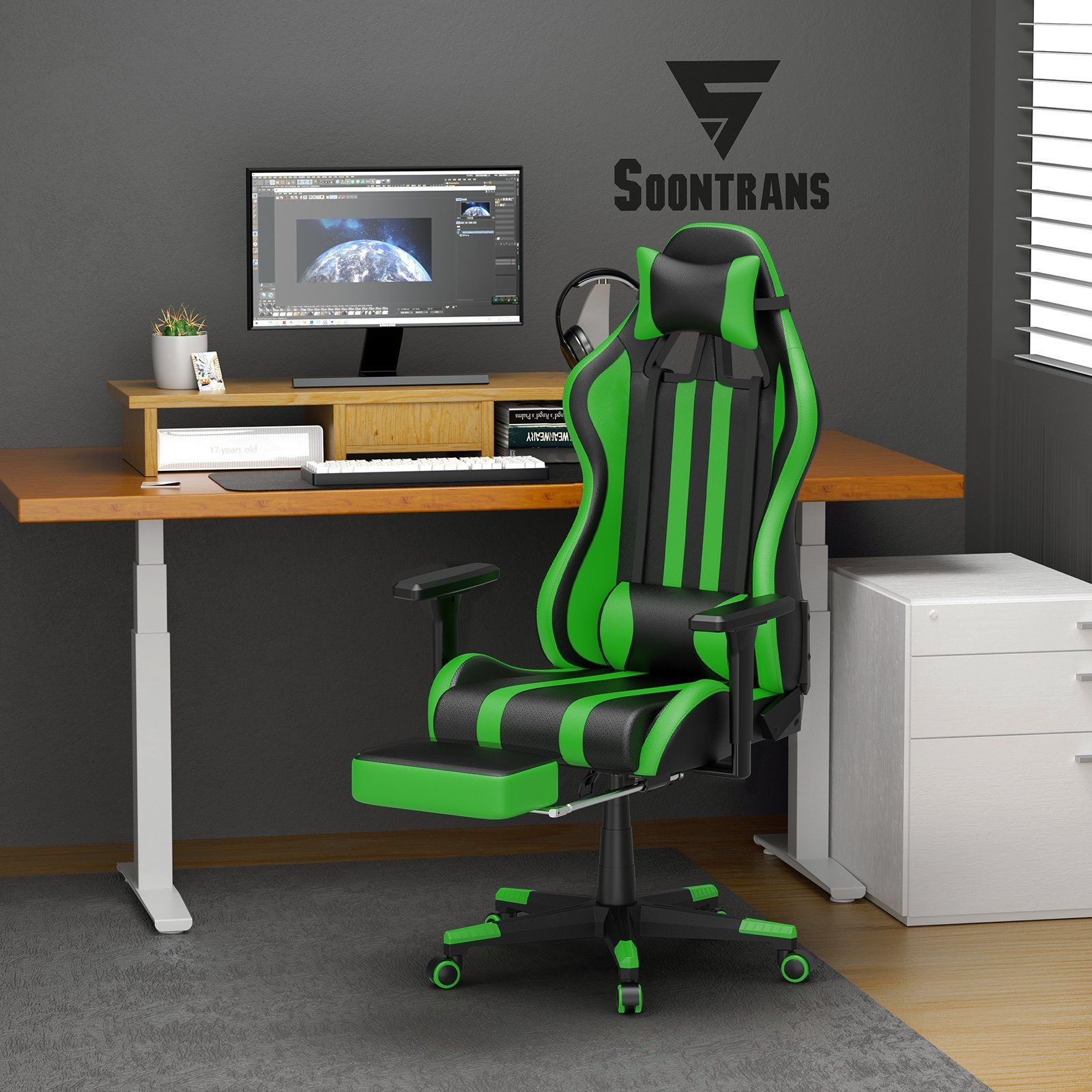 AUFUN Gaming-Stuhl Authmic Biirostuhl Ergonomischer Schreibtischstuhl, Max. 150 kg (Massage Gaming Sessel für Livestreaming Xbox (Grau/Blau/Grün/Rot/Schwarz), mit Vibration Massage Lendenkissen, Fußstütze, Kopfstütze, Ergonomisch