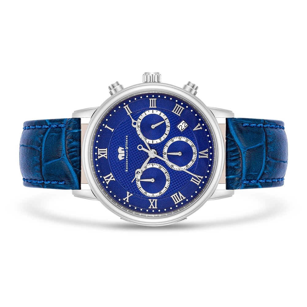 Rhodenwald & Söhne Chronographe Moonlight en Argent Cuir véritable en Bleu Montre