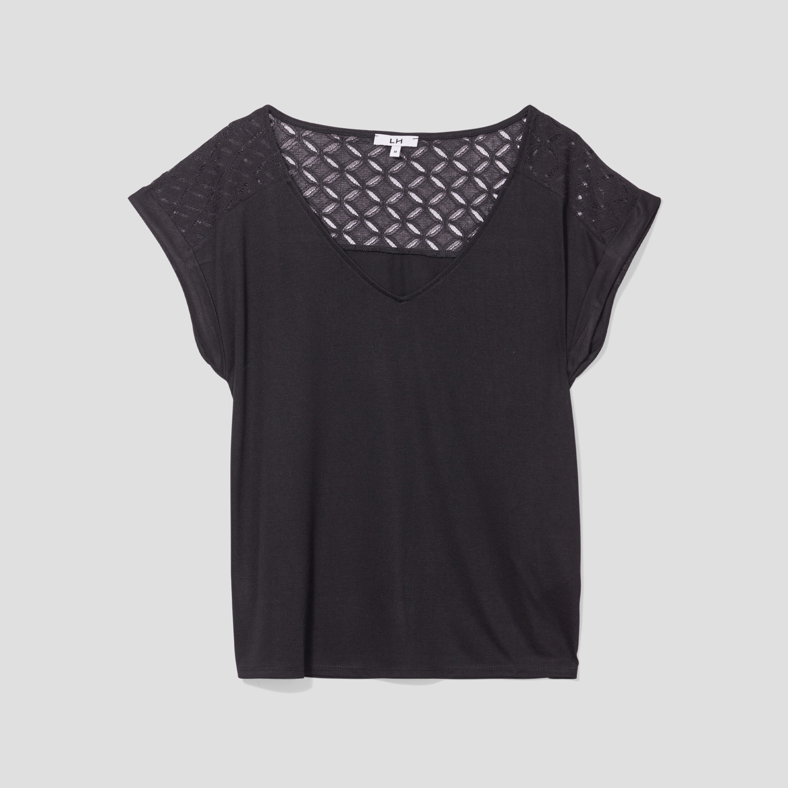 T-shirt col en V dentelle épaules et dos noir femme | La Halle