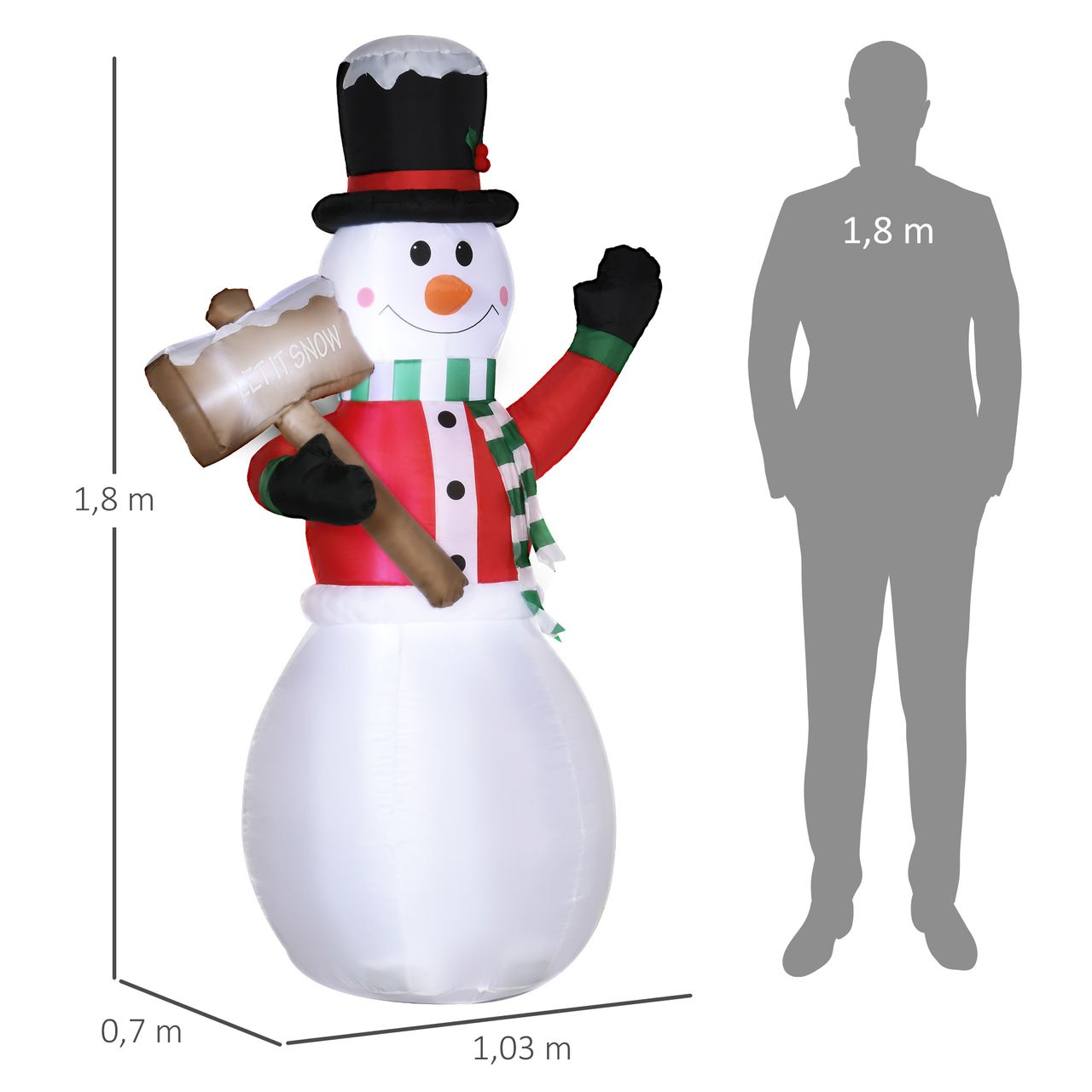 Outsunny 180 cm Aufblasbarer Schneemann mit Schild Weihnachtsdeko mit LED-Licht