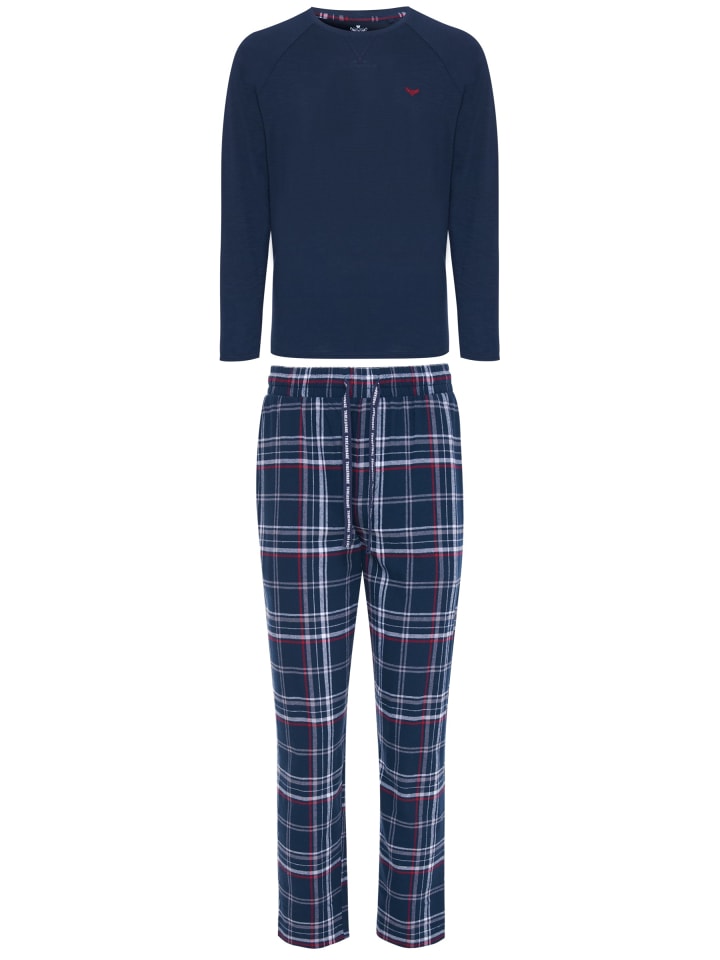 Threadbare Schlafanzug Monk PJ Set in Navy Slub/Navy/Red Check günstig kaufen