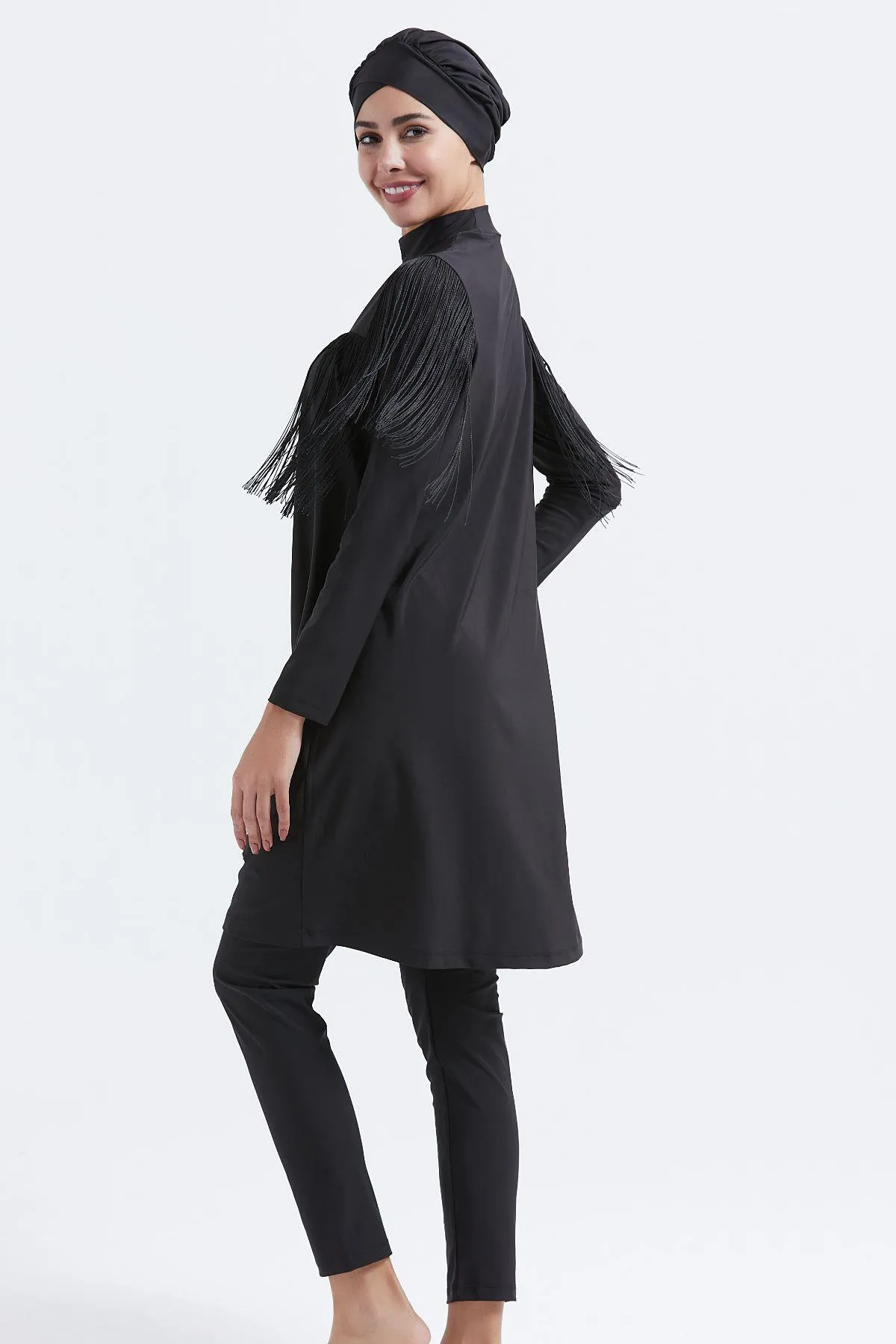 C&City  Vollständig bedeckter 4-teiliger Hijab-Badeanzug mit Quastendetail C14060 Schwarz