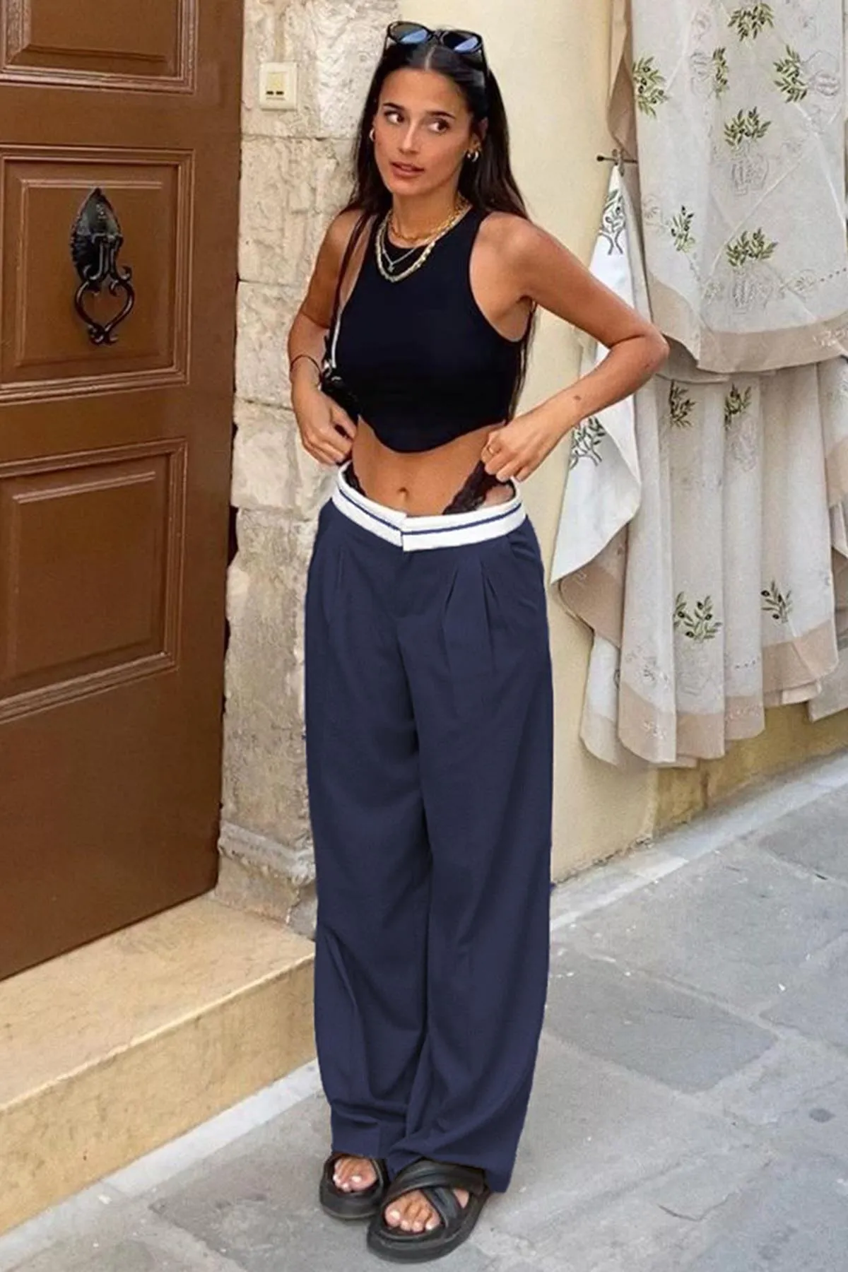 Madmext  Marineblaue Hose mit weitem Bein und Gürteldetail Mg1834