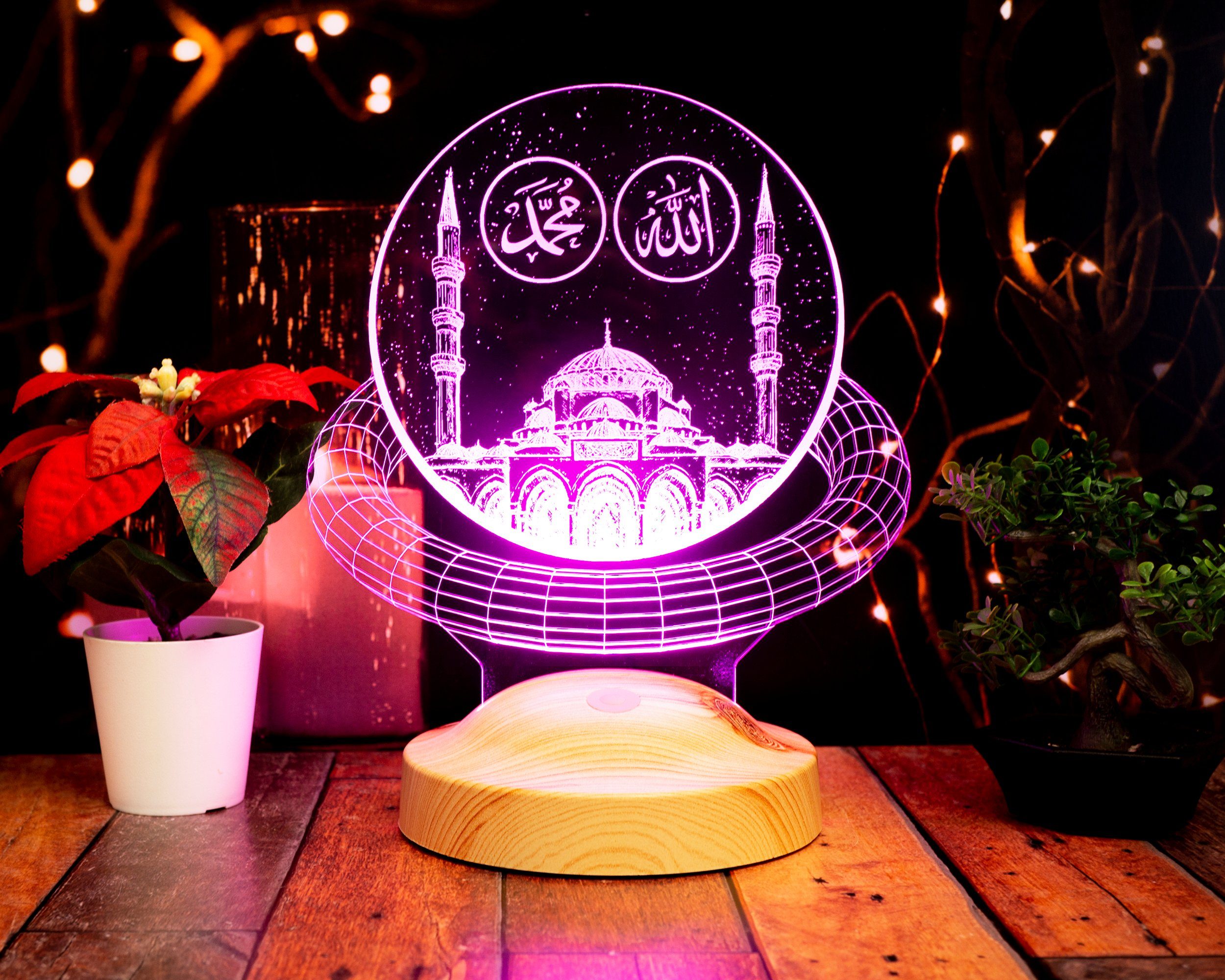 Geschenkelampe LED Nachttischlampe Moschee Nachtlicht Islamistische Deko Geschenk für Muslimischen Freund, Leuchte 7 Farben fest integriert, Allah Islamisches Kalligraphie, Eid-Dekoration