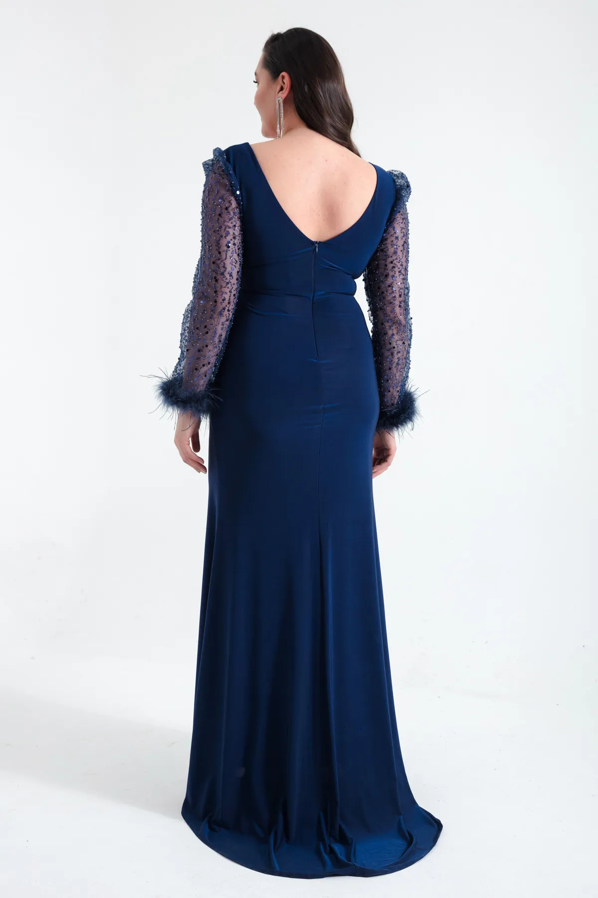 Lafaba  Marineblaues, langes Abendkleid mit V-Ausschnitt und juwelenbesetzten Schlitzen für Damen
