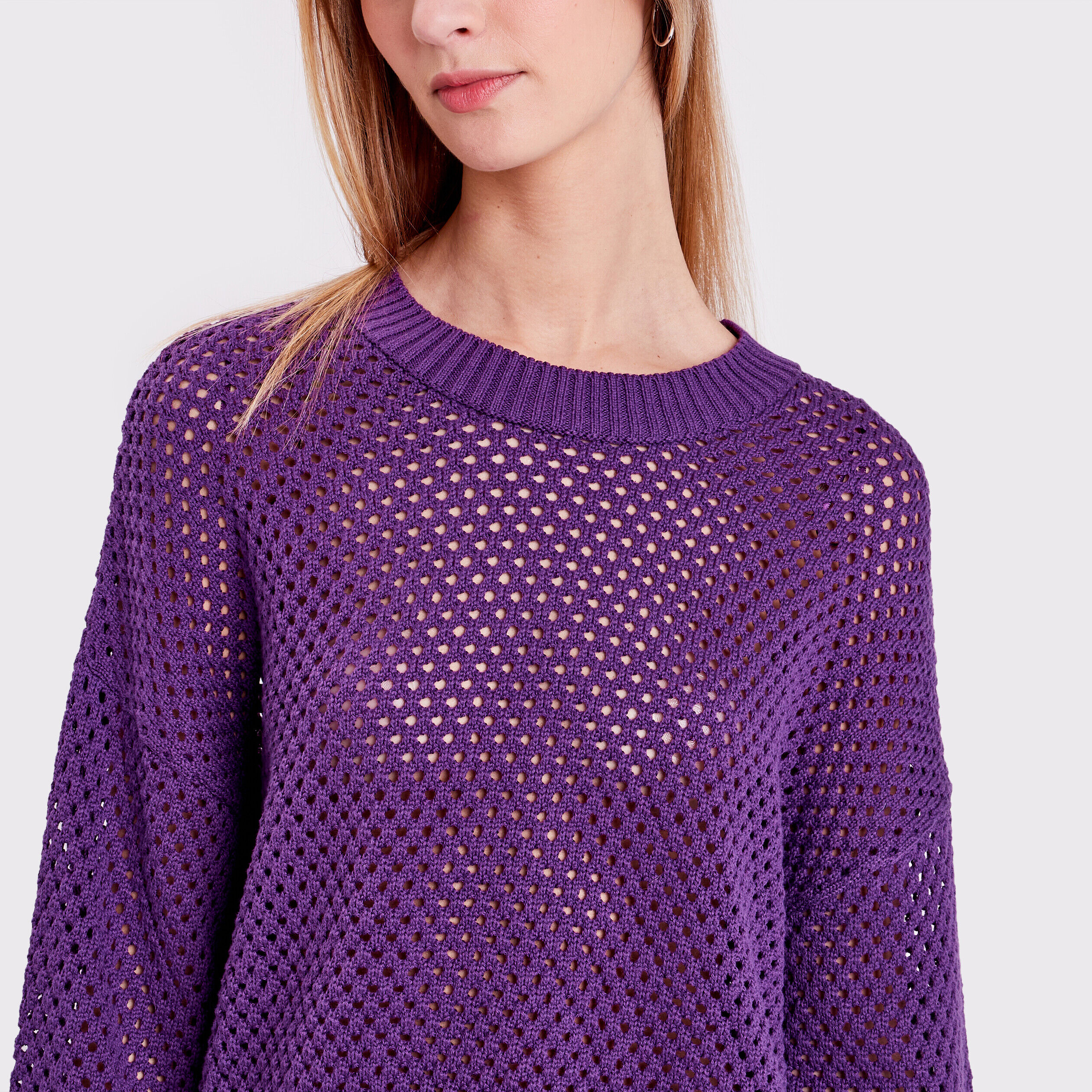 Pull ajouré col rond violet foncé femme | Cache Cache