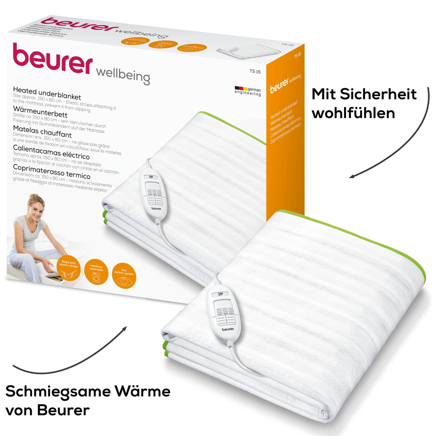 Beurer Wärmeunterbett TS 15-Atmungsaktives Wärmeunterbett mit Fixierung an der Matratze - 150 x 80 cm