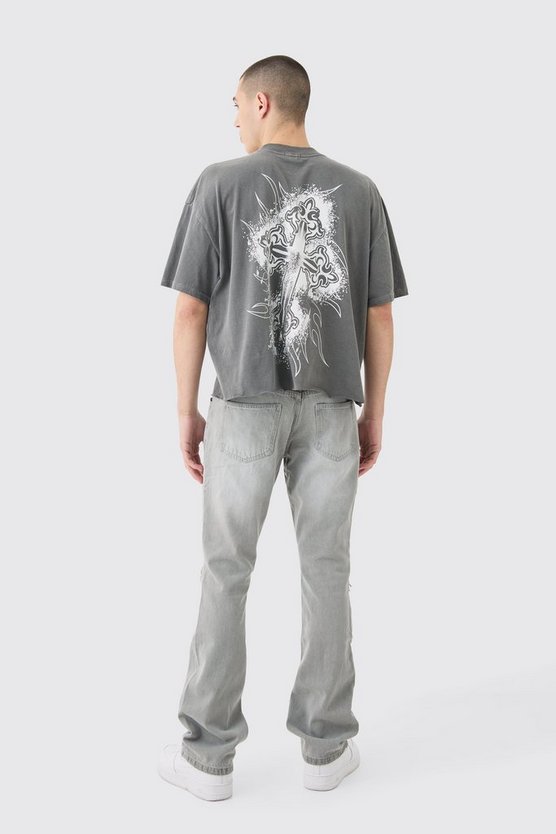 Kastiges Oversize T-Shirt mit rohem Saum und Kreuz-Print