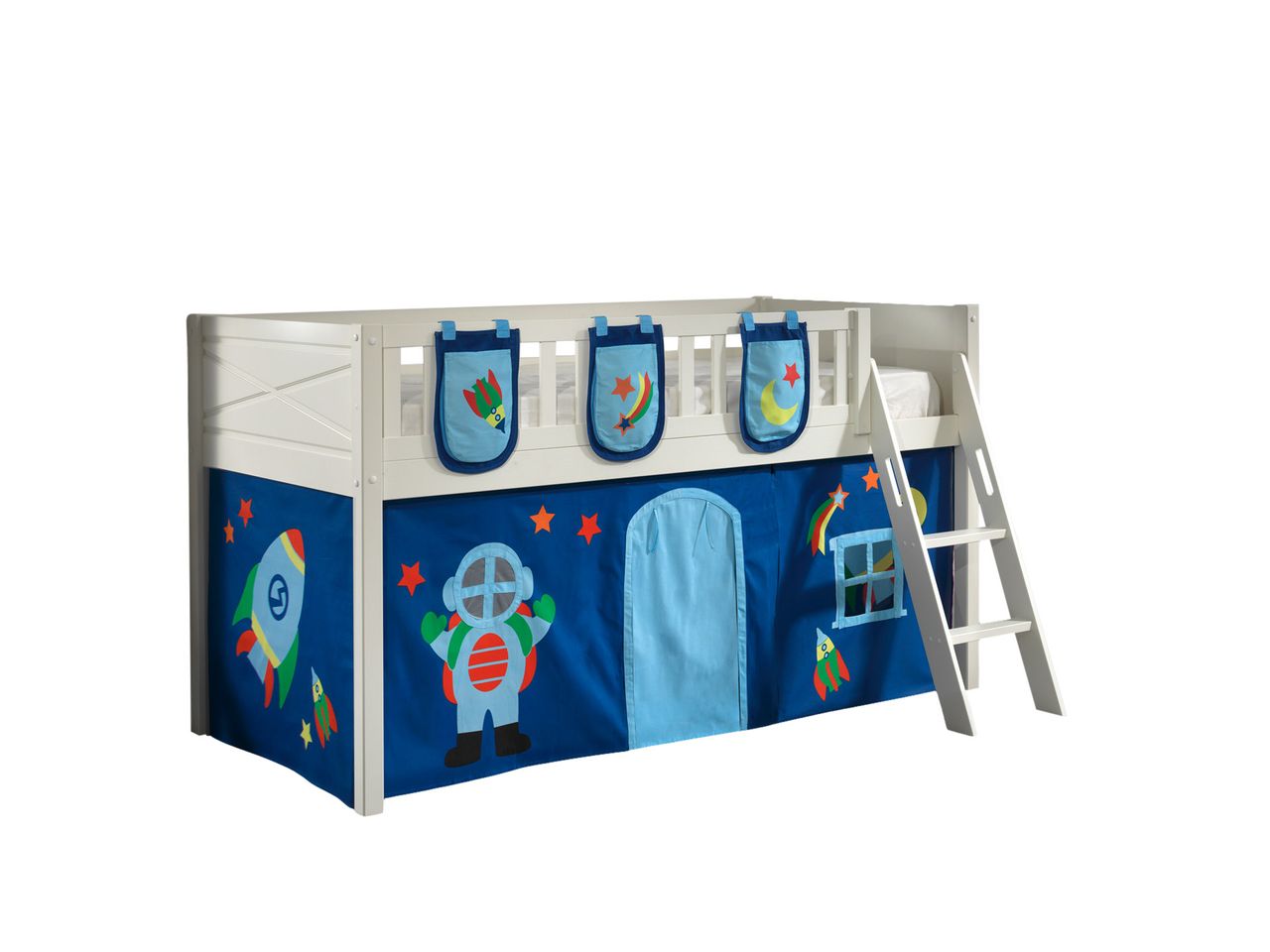 VIPACK Spielbett SCOTT, LF 90 x 200 cm, mit Rolllattenrost, Leiter und Textilset Vorhang und 3 Taschen 