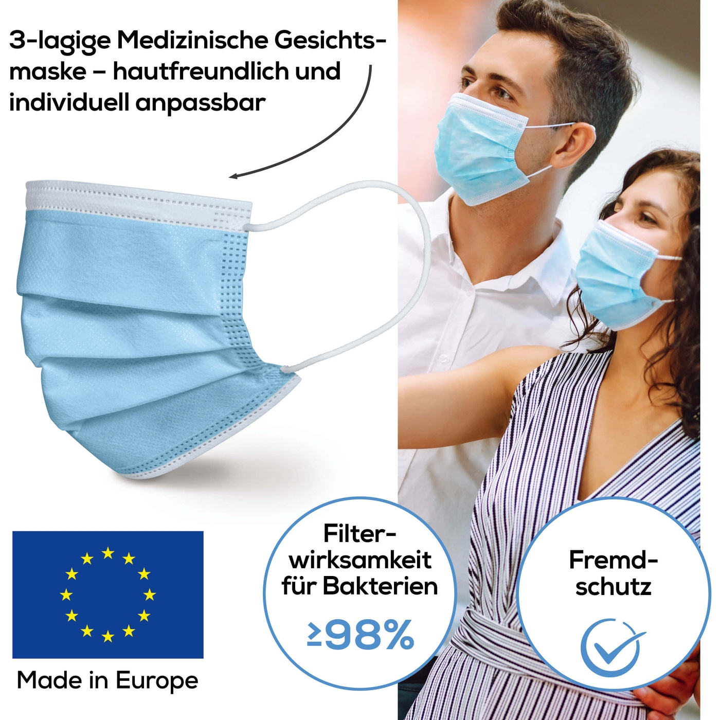 MM 15 OP-Maske Typ IIR Blau - 10 Stk.-3-lagige medizinische Gesichtsmaske mit Tragekomfort & hohem Schutz - 10 Stk.