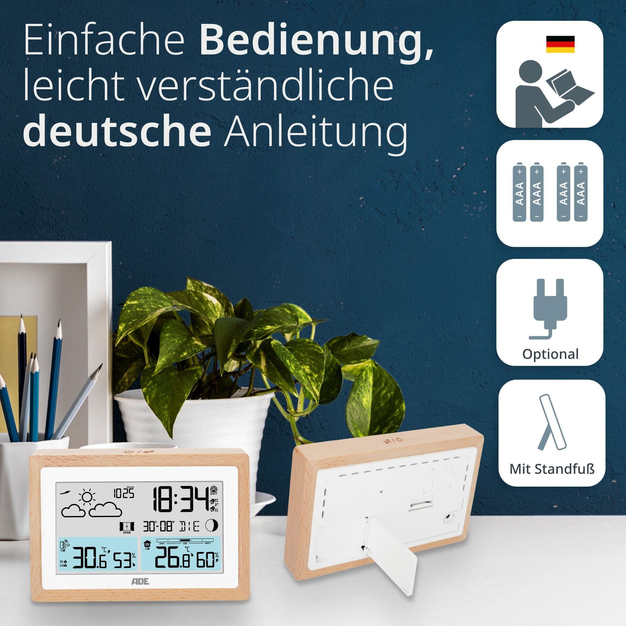ADE Digitale Wetterstation Funk mit Außensensor und Vorhersage Funkwetterstation (Rahmen aus Vollholz, mit Barometer und Funkwecker, Beleuchtung)