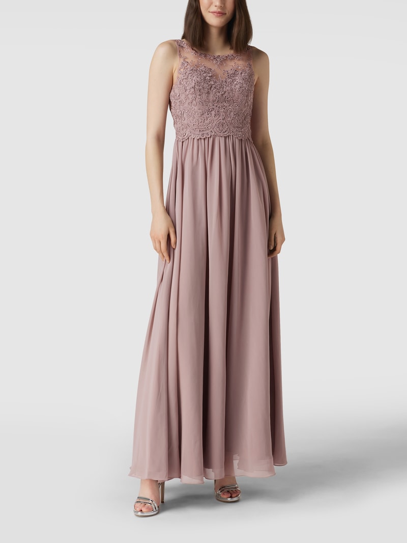 Abendkleid mit Ziersteinen und floralen Stickereien in mauve