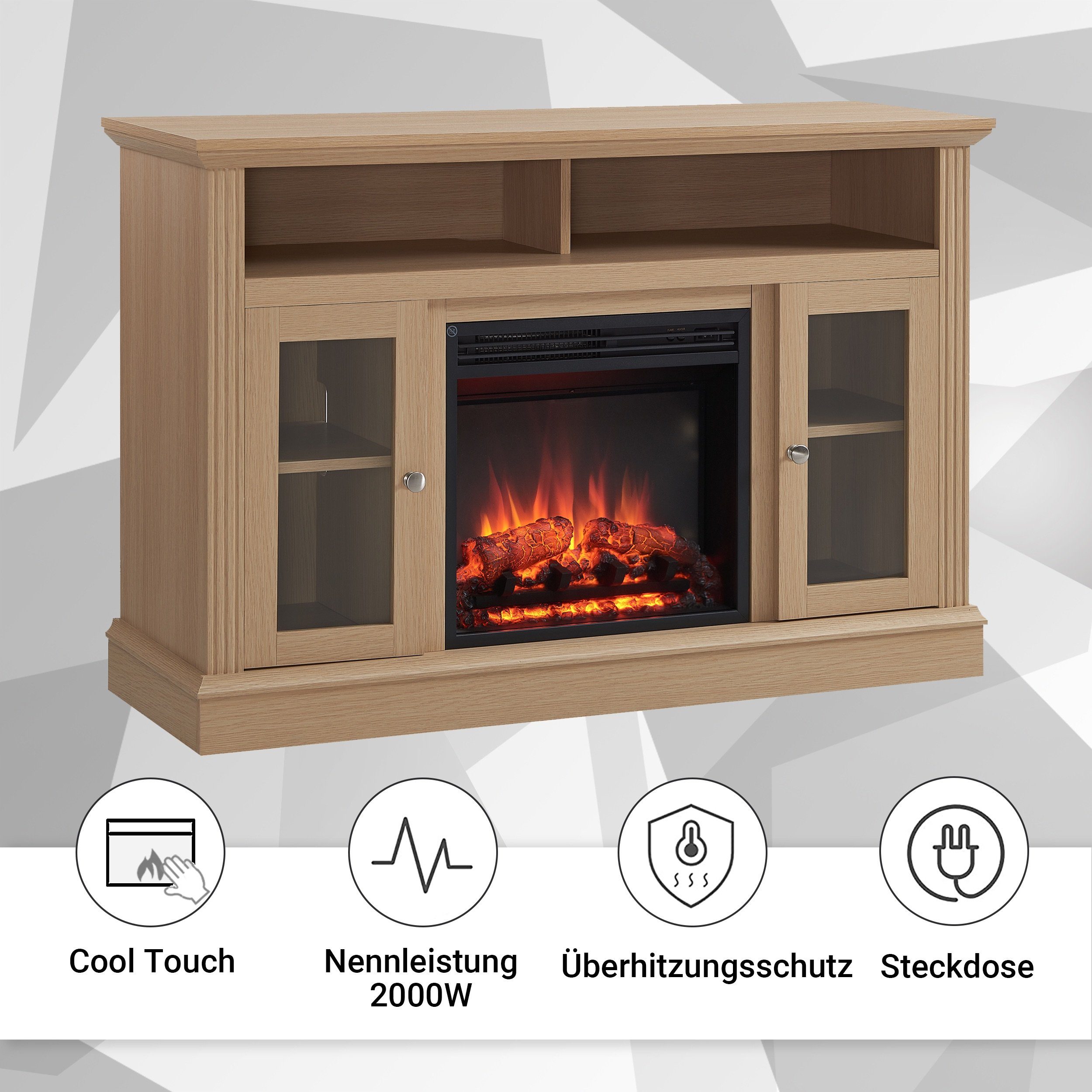 Balderia Elektrokamin James, Standkamin mit Heizung 2000W, 3D-Flammeneffekt, LED-Beleuchtung, Fernbedienung, Timer, Thermostat