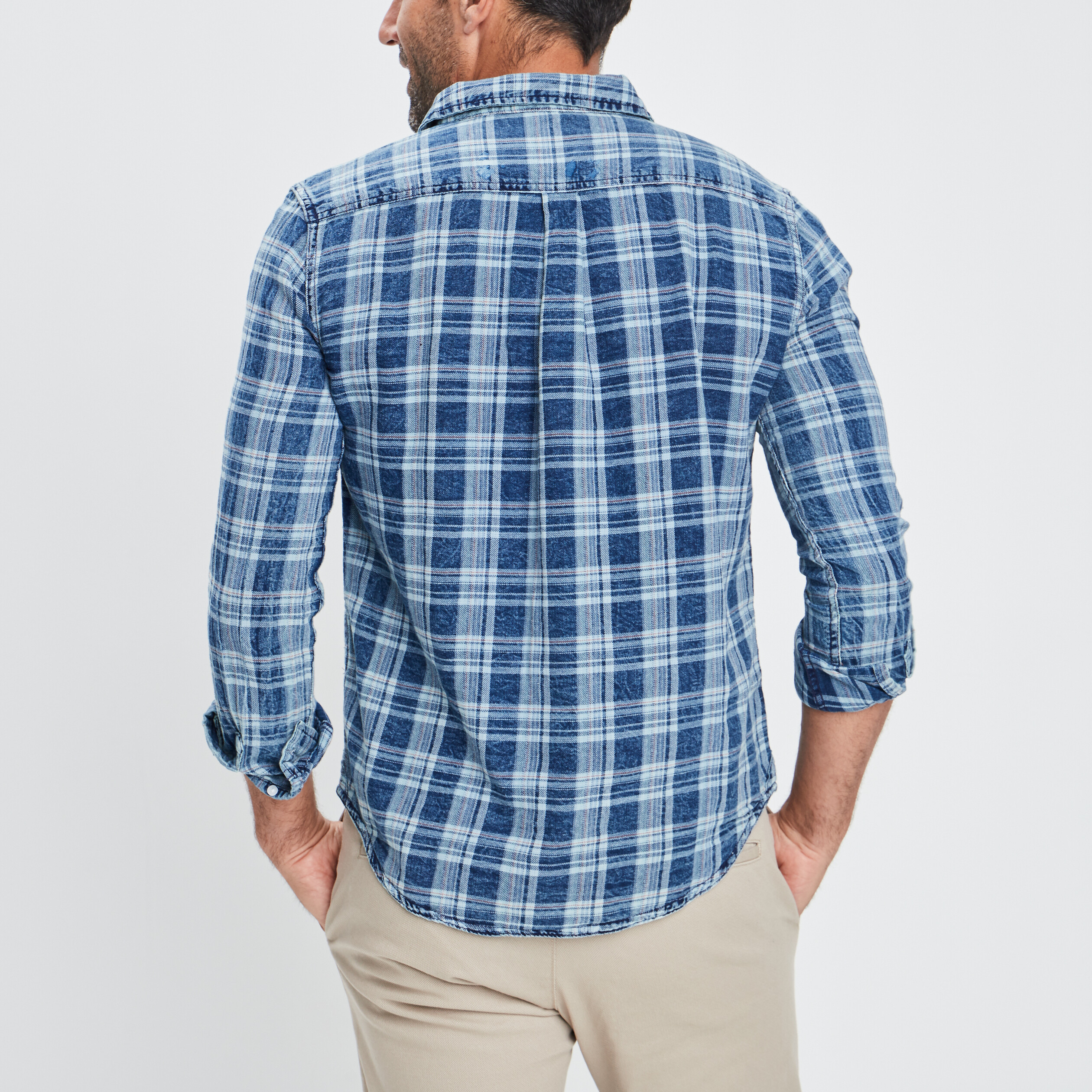 Chemise à carreaux manches longues bleu marine homme | La Halle