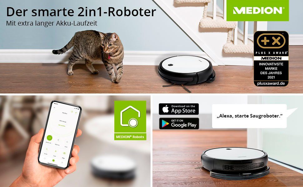 Medion® Nass-Trocken-Saugroboter S12 SW MD 20041, App + Alexa Steuerung, Betriebszeit bis zu 110 Min.