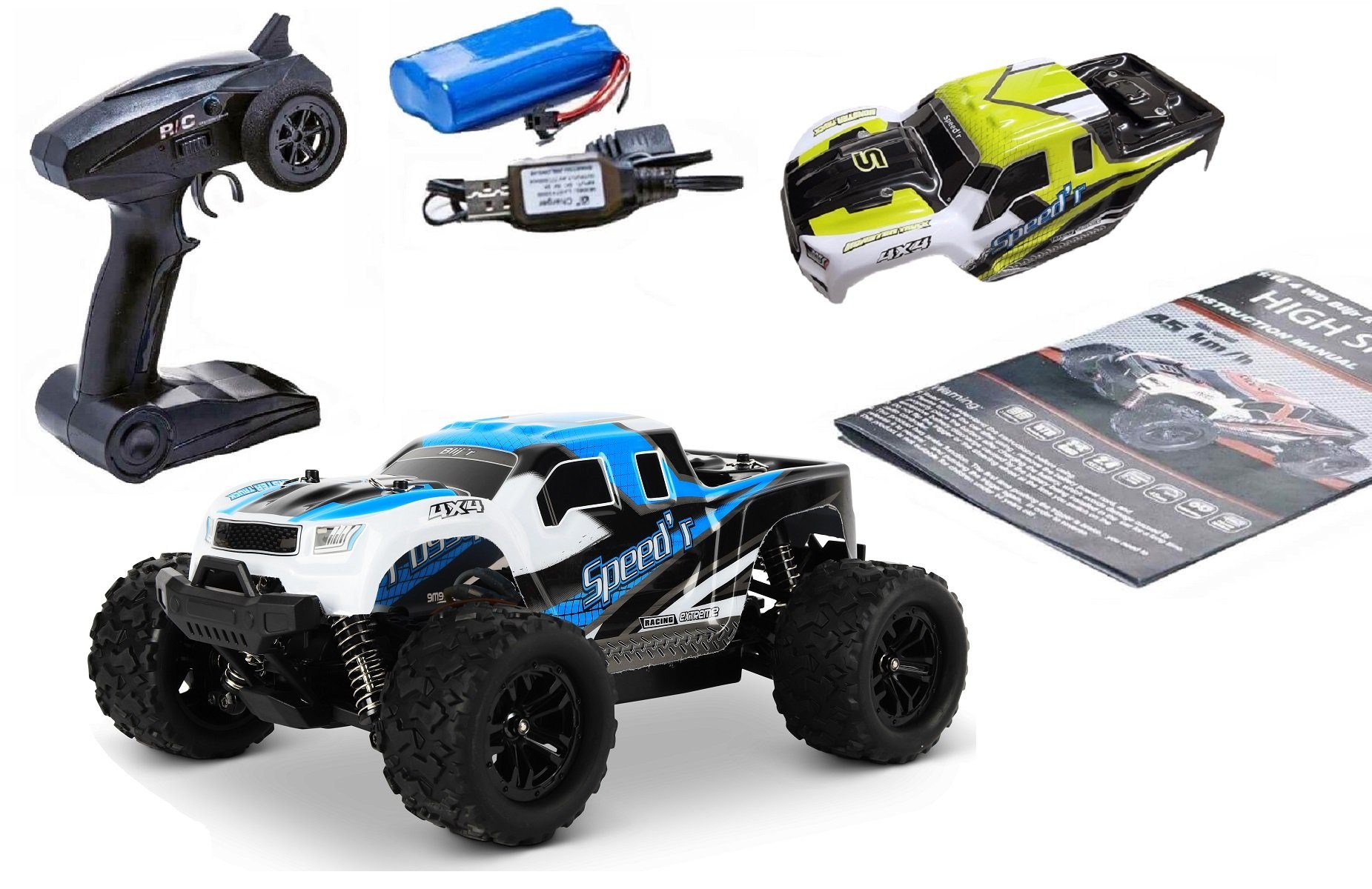 Blij´r RC-Auto Speed´r ferngesteuertes RC Auto 45 km/h, 1:18, 2 Akkus, Monstertruck (Komplettset), Ersatzkarosserie