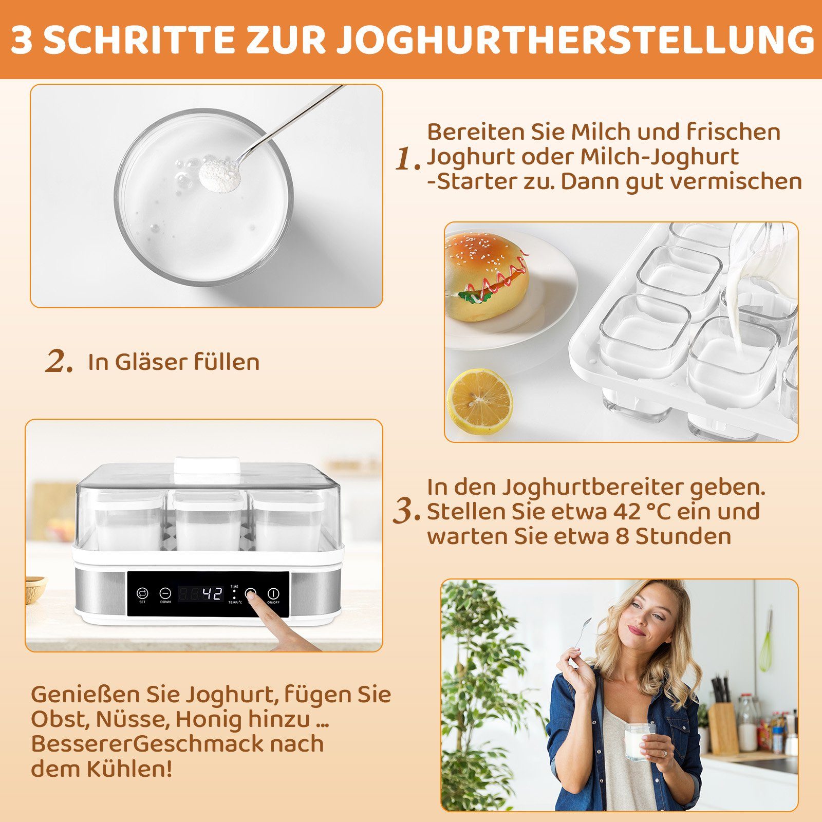 TLGREEN Joghurtbereiter, Digitale Joghurtmaschine, Yogurt Maker, mit 9 Portionsgläsern à 170 Ml