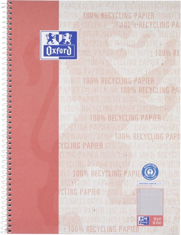 OXFORD Collegeblock DIN A4  Kariert Spiralbindung Kunststoffbeschichteter Karton Rot Perforiert Recycled 160 Seiten