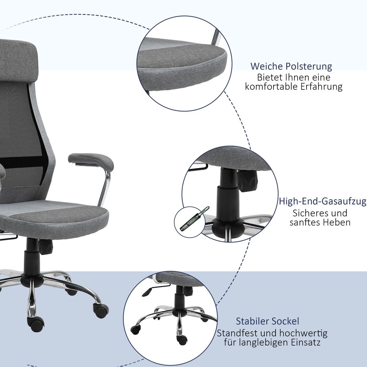 Vinsetto Bürostuhl Computerstuhl ergonomischer Schreibtischstuhl Höhenverstellung und Kopfstütze mit Schaumstoff nordischer Stil hellgrau schwarz 65 x 60 x 119-129 cm