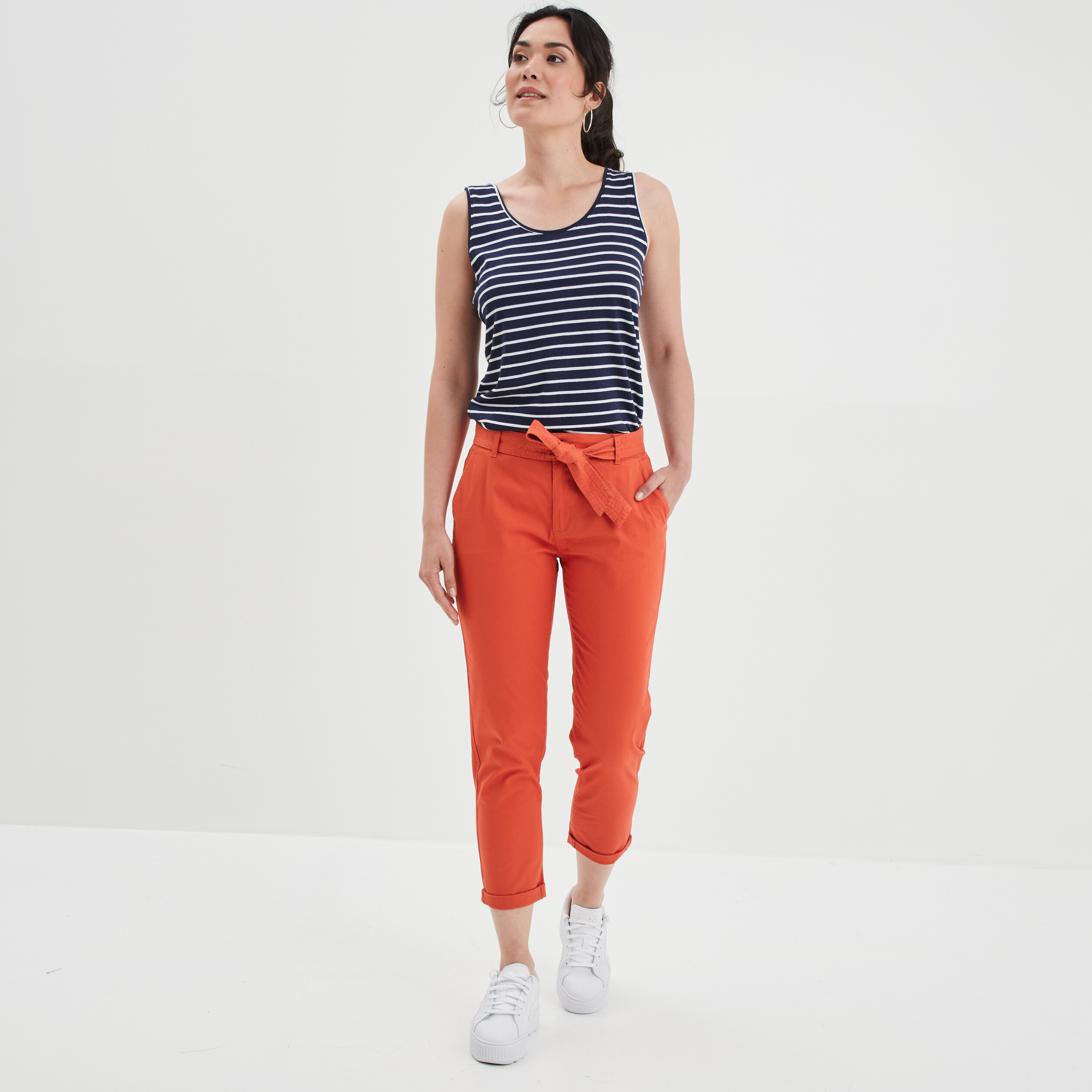 Pantalon chino ceinturé 7 8ème orange foncé femme | La Halle