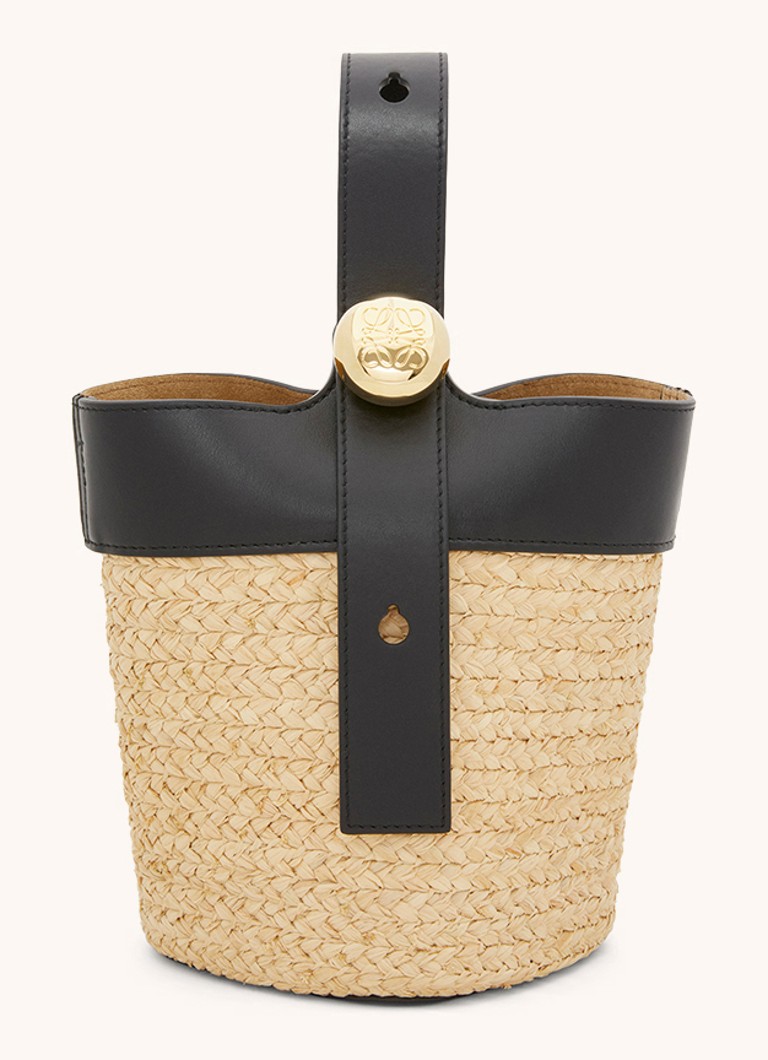 Geantă de umăr LOEWE Pebble Bucket Mini din rafie cu detalii din piele de vițel