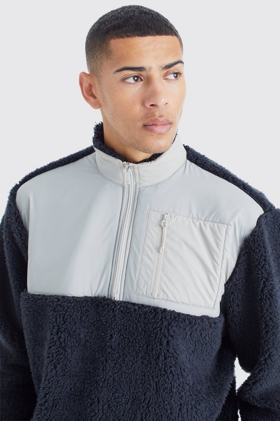 Kastiges Oversize Borg-Sweatshirt mit Nylon-Einsatz und 1/4 Reißverschluss