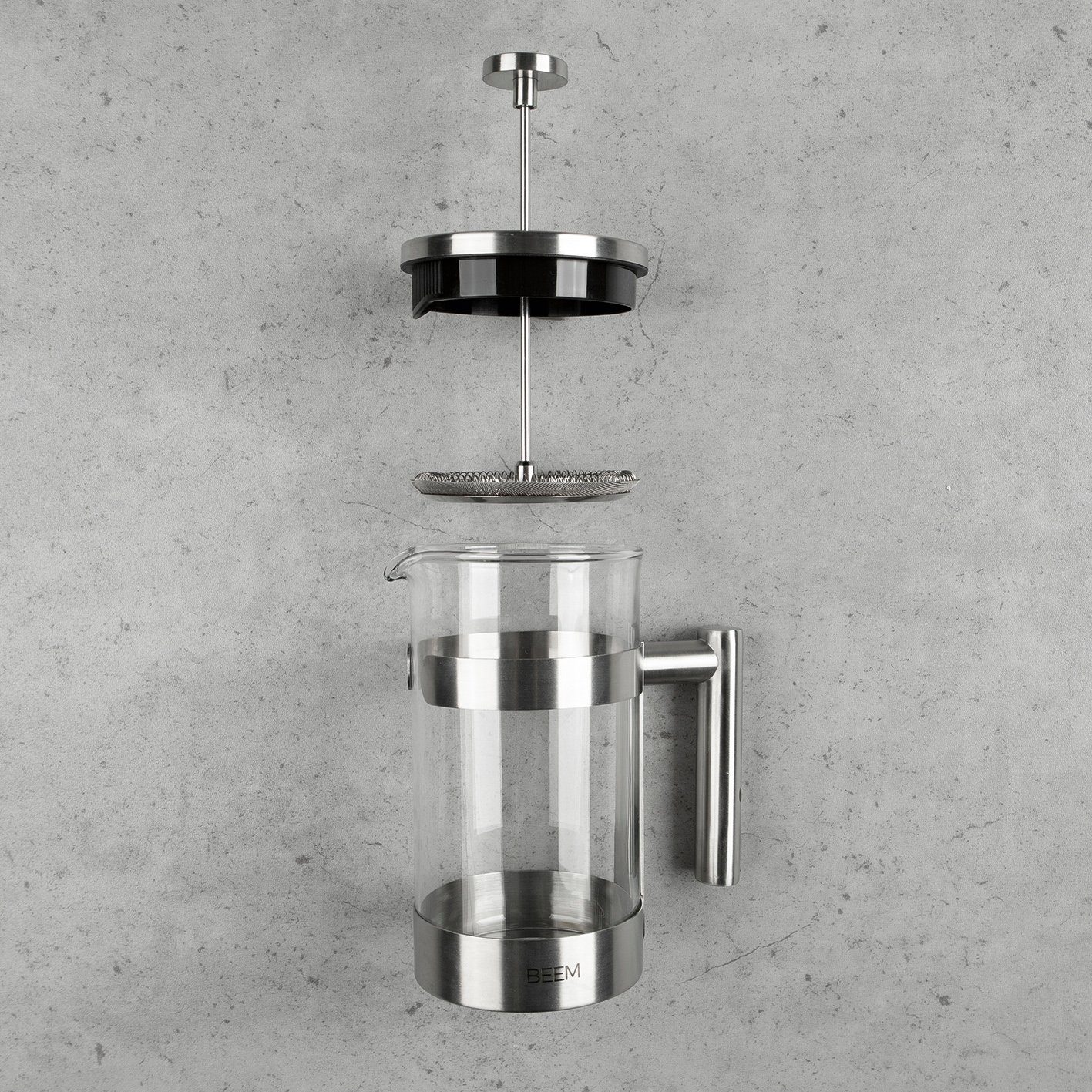 BEEM Kaffeebereiter French Press Kaffeepresse, 1l Kaffeekanne, Camping, Outdoor, Glas & Edelstahl, hitzebeständige Borosilitglas