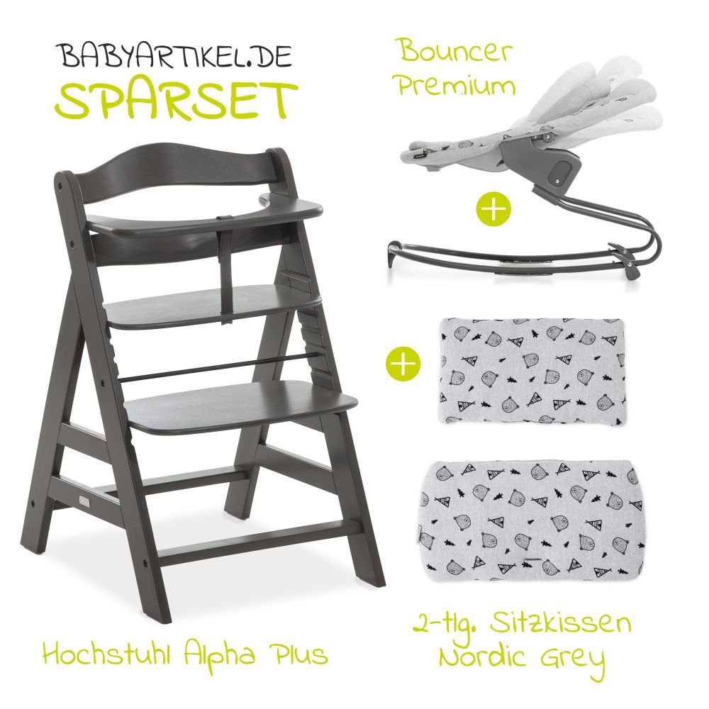 Hauck Hochstuhl Alpha Charcoal Select (Set, 4 St), Holz Babystuhl ab Geburt inkl. Aufsatz für Neugeborene & Sitzauflage