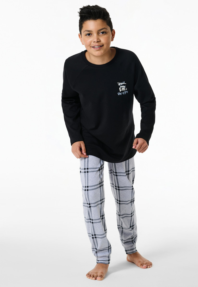 Schlafanzug lang Interlock Karos schwarz - Nightwear
