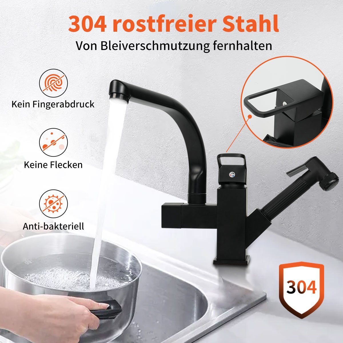 7Magic Waschtischarmatur Wasserhahn Küche, Hochdruck Armatur mit Brause Ausziehbar Armatur Mischbatterie Spültischarmatur, 360° Schwenkbar Zwei Sprühfunktionen