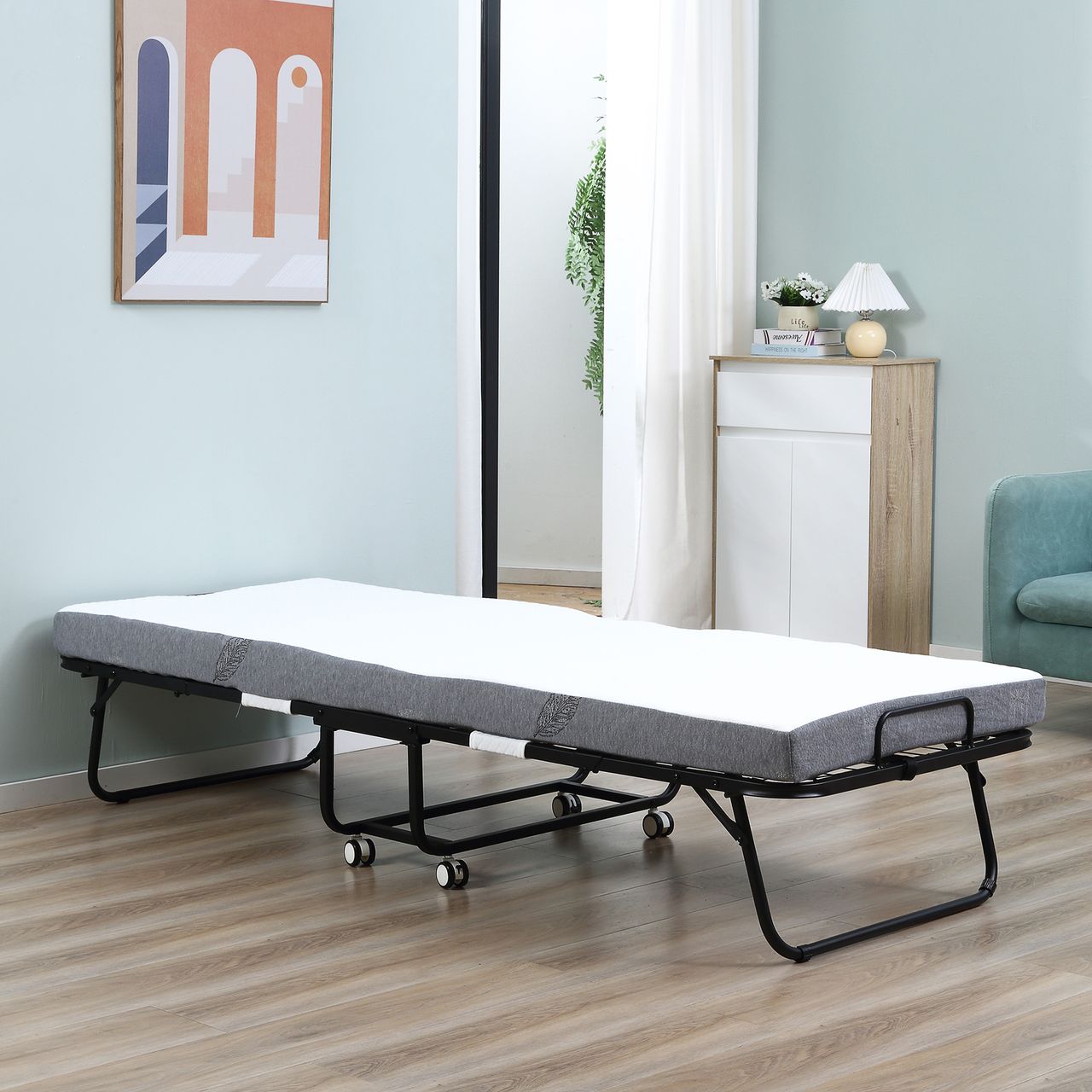 HOMCOM Gästebett 2-in-1 Klappbett mit Rollen klappbar Stahl Schaumstoff