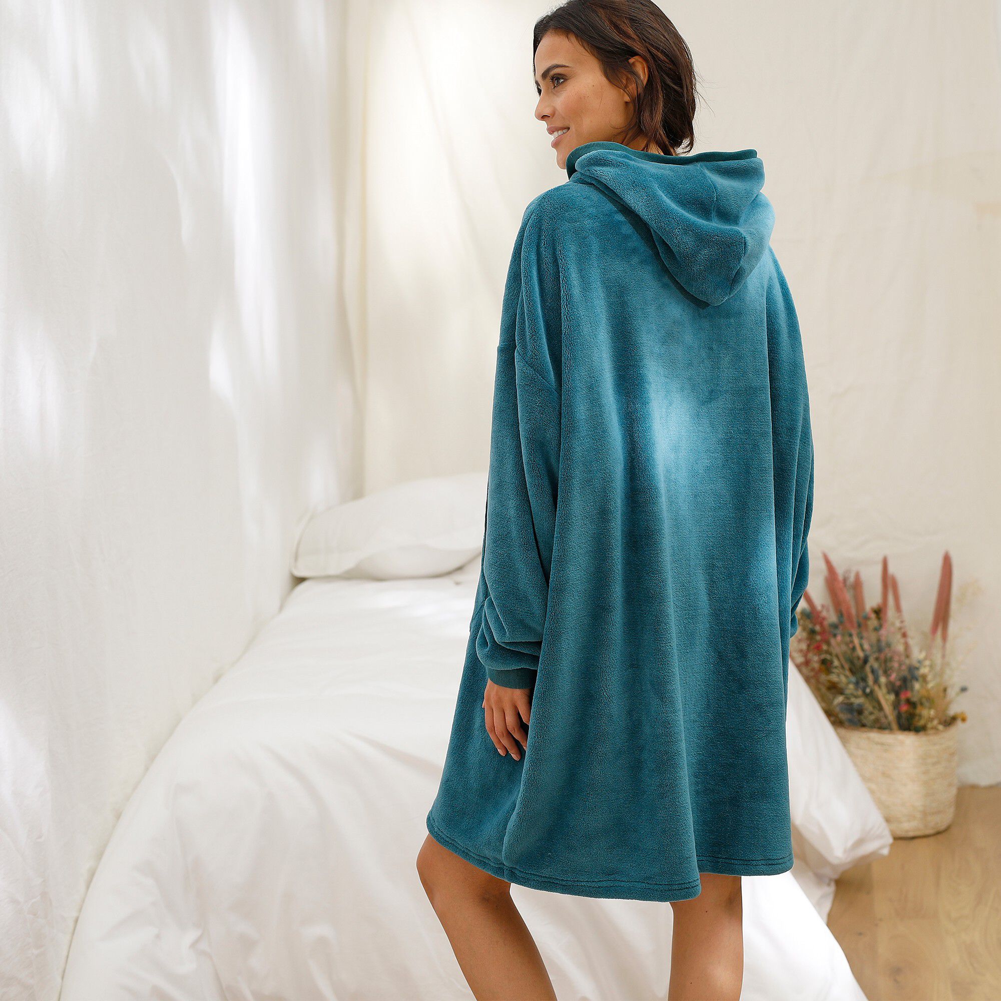 Sweat oversize unisexe, polaire peluche bleue