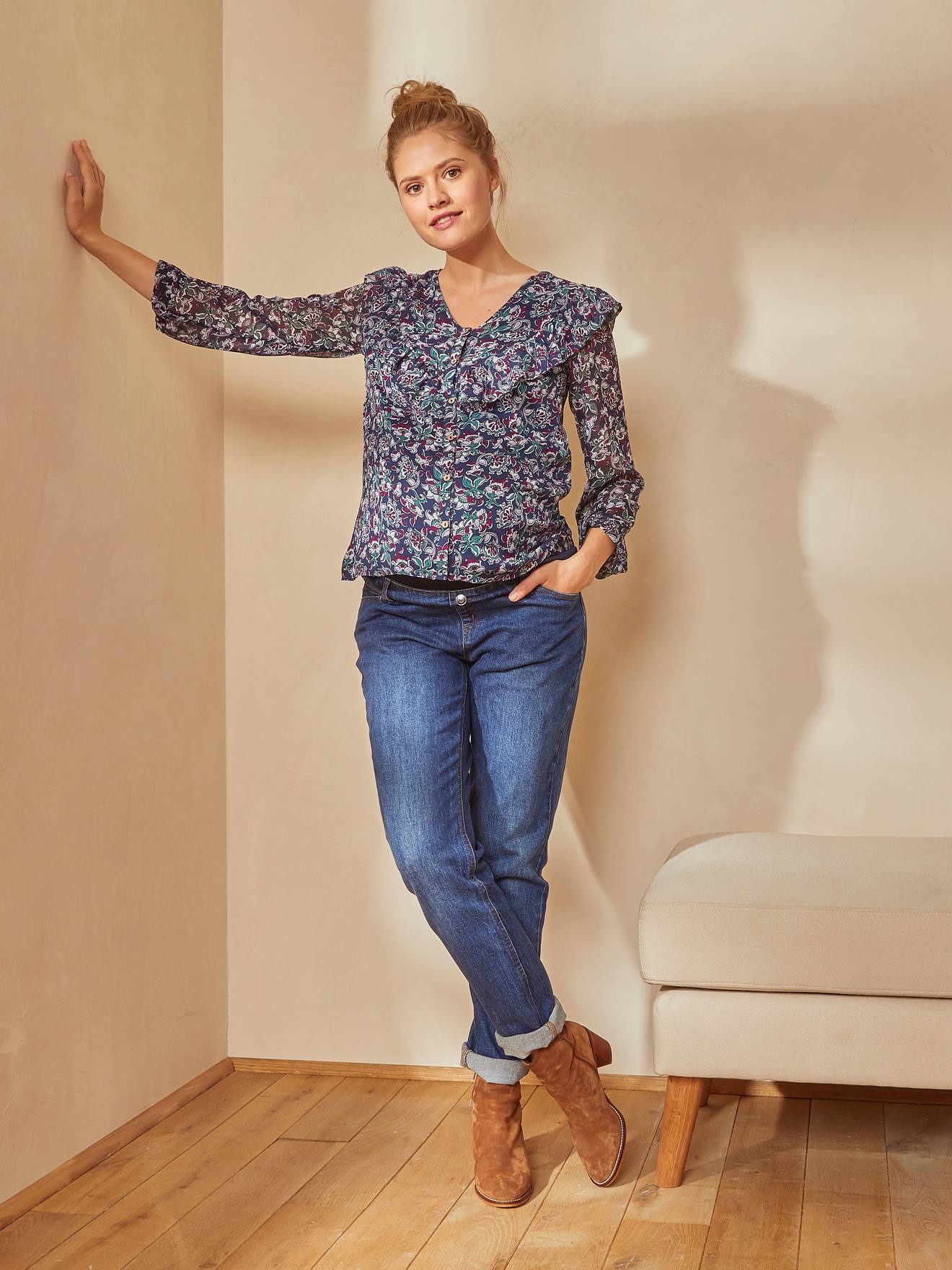 Blouse imprimée volantée grossesse et allaitement bleu aop