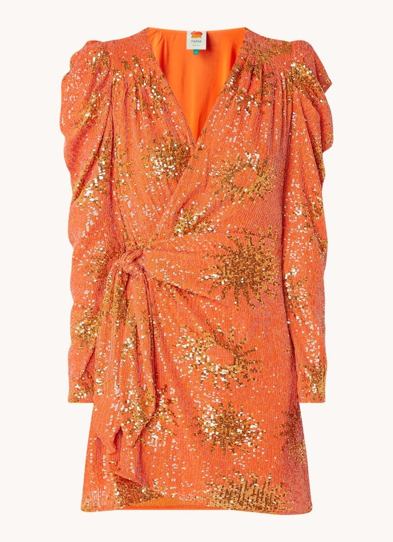 Vestido corto Sunny Mood de Farm Rio con lentejuelas y mangas abullonadas.