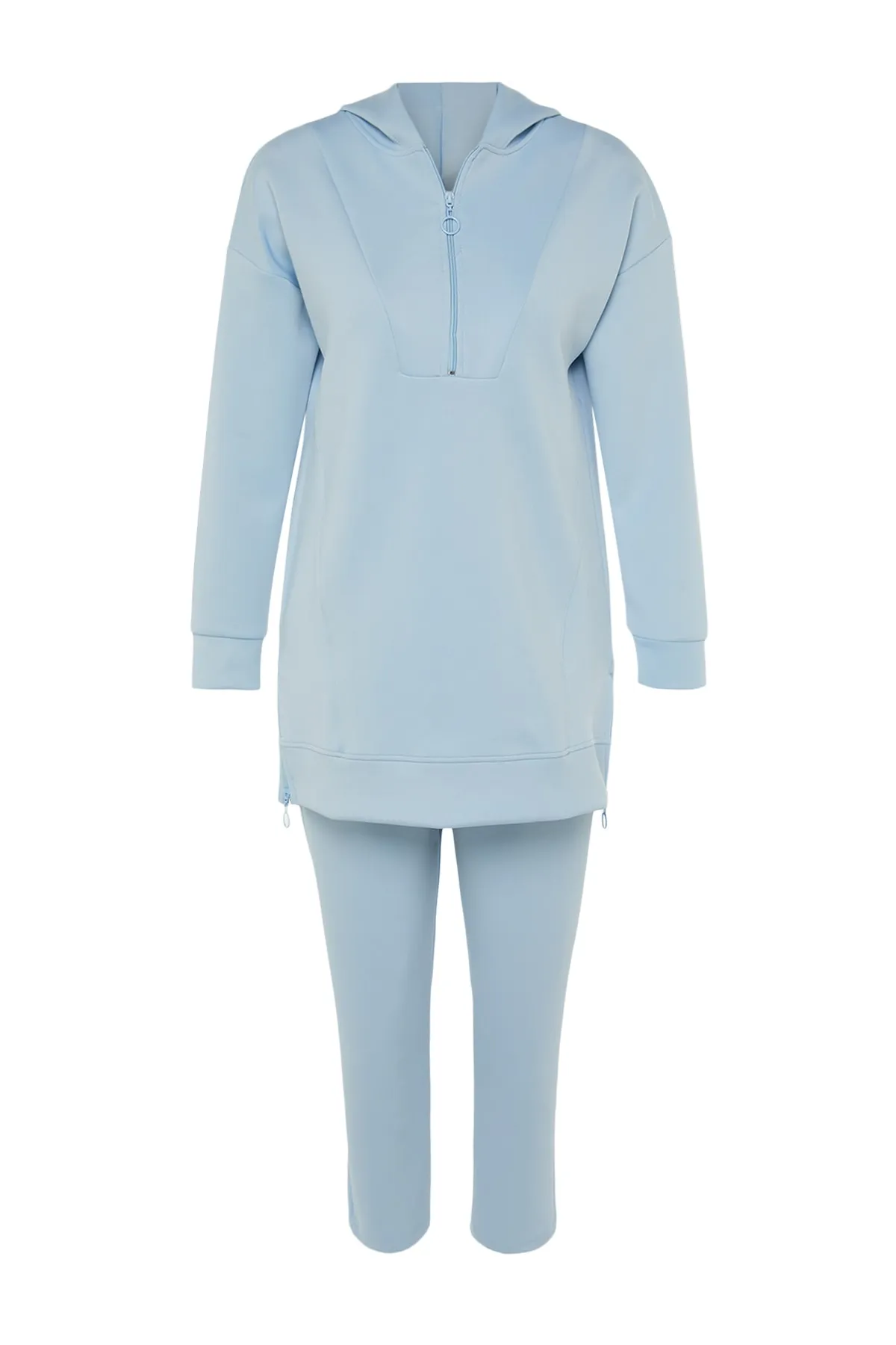 Trendyol Modest  Hellblaues, weich strukturiertes Scuba-Strick-Trainingsanzug-Set mit Reißverschluss vorne TCTSS23EN00005